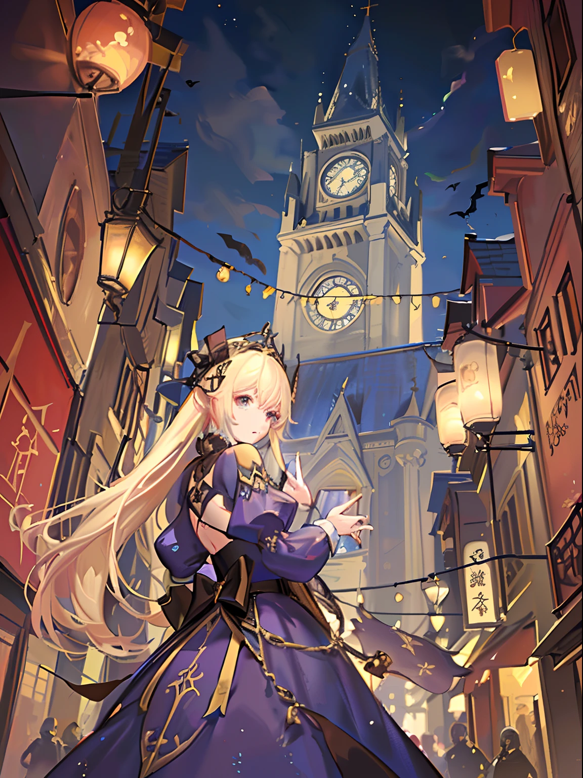 Anime girl in a purple dress standing in front of a clock tower - SeaArt AI