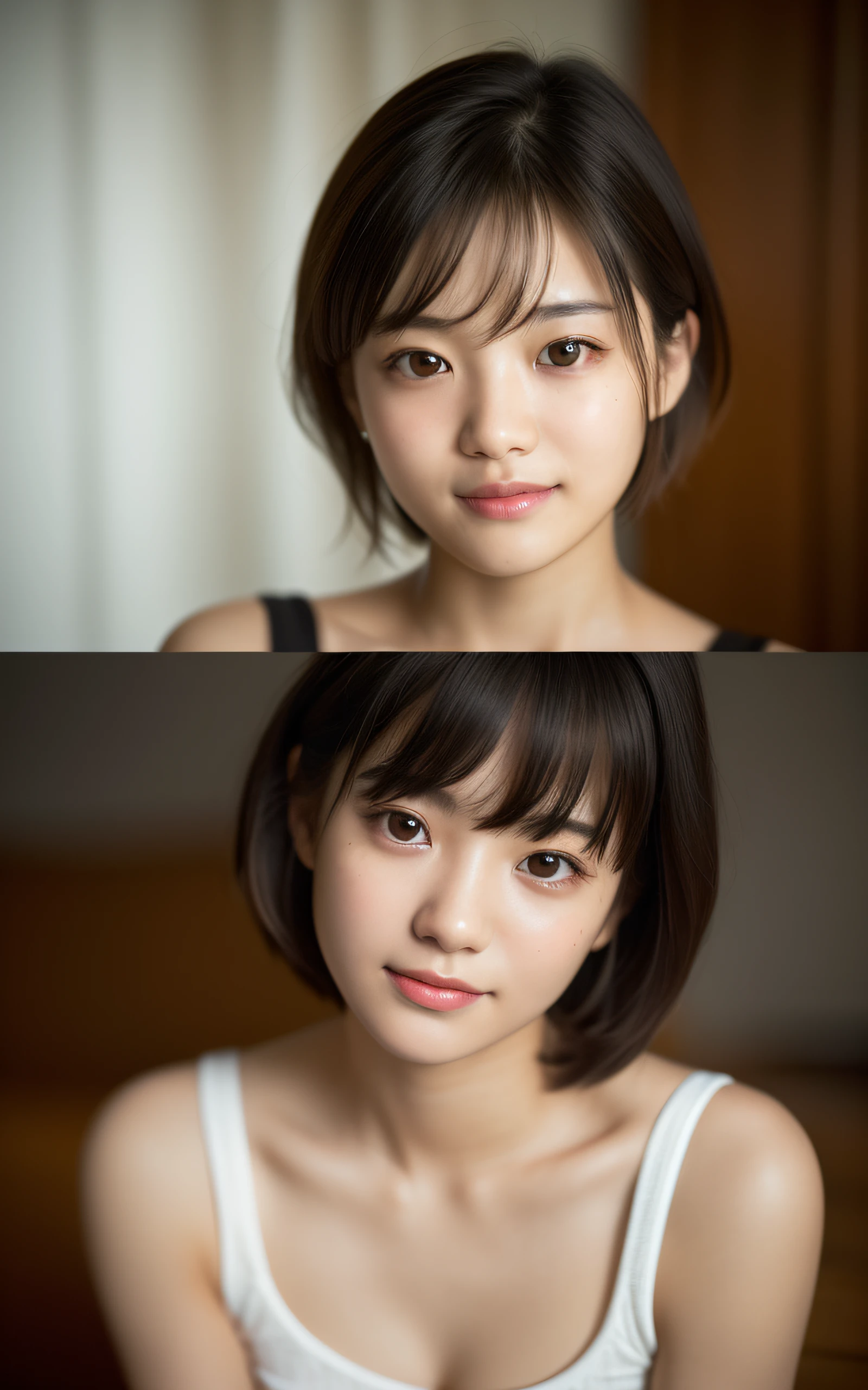 (High resolution:1.3), (16k, Photorealistic, Raw photo, Best image quality: 1.4), Japanese, (One Girl), Beautiful Face, (A vivid face), (Black-haired、short hair:1.3), Beautiful Hairstyles, Realistic eyes, Beautifully detailed eyes, (Realistic Skin), Beautiful skins, attractive, 超A high resolution, Surreal, High detail, Golden Ratio, Highly detailed cute girl,(20-year-old), room, Photos taken by yourself on your smartphone