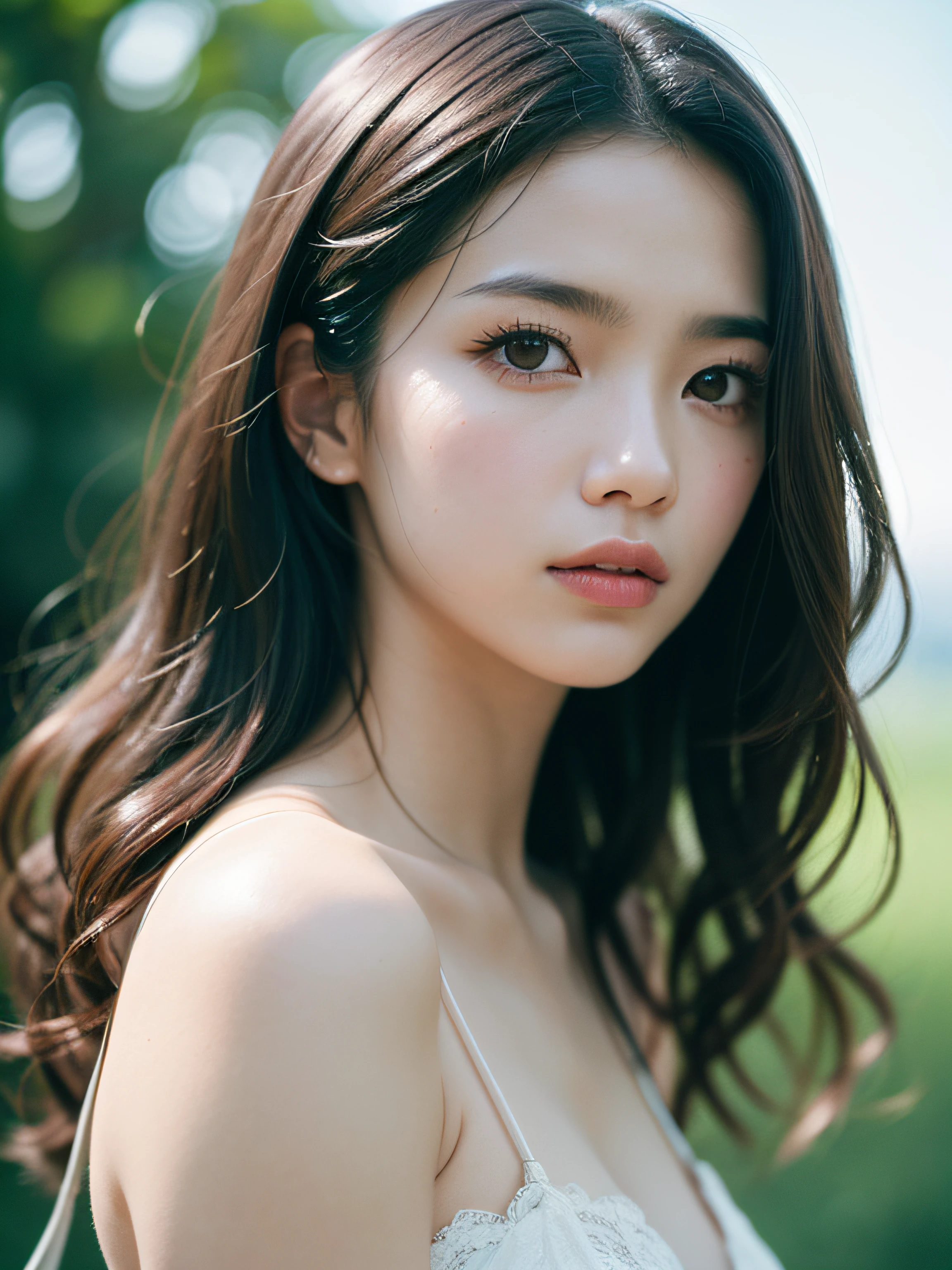 8k、ultra-detailliert、ccurate、top-quality、UHD
Film Portrait Photography, 1girl in, Bare shoulders, Wavy shoulder-length hair, Serene, Calm, (Realistic detailed eyes, Natural Skin Texture, Realistic face details), Soft dramatic lighting, depth of fields, Bokeh, vibrant detail, Finely detailed, hyper realisitic, 35mm Film, Hazy blur, filmg,
