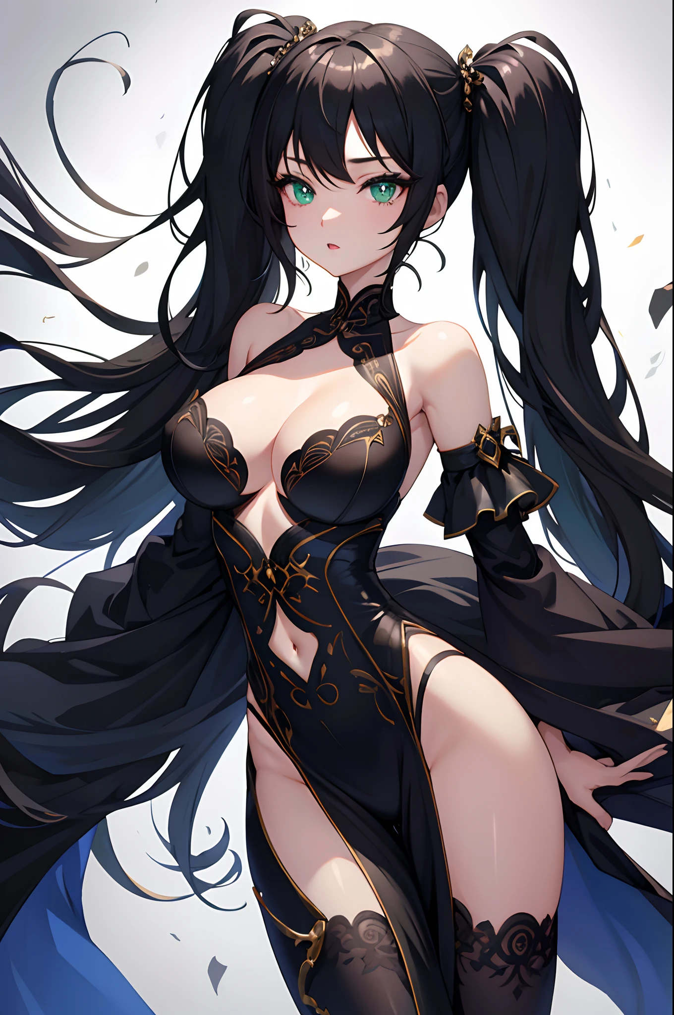 1girl, anime, cute girl, blank background, white background, fantasy, detailed dark fantasy dress with highlights, beautiful face, beautiful eyes, dark colors, black hair, twintails, green eyes, medium breasts, slight cleavage, beautiful skin, cute, breast curtains, extremely delicate and beautiful, (beautiful detailed face:1.0), (detailed deep eyes), symmetrical breasts, deep eyes, shiny skin, portrait, slender waist, hips wider than shoulders, thighs, young girl, expressionless