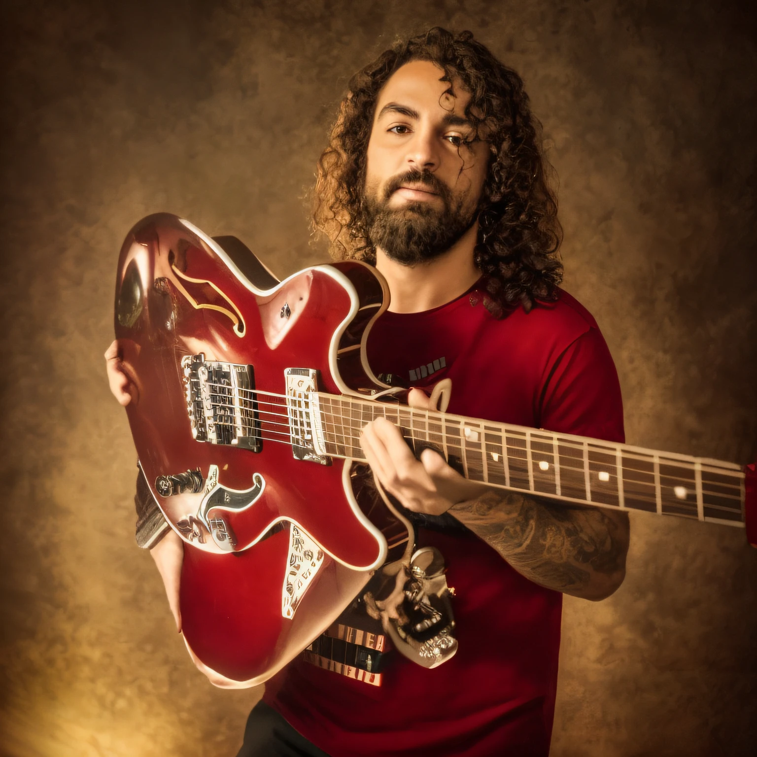 homem arafed com cabelo comprido segurando uma guitarra vermelha, holding Electric Guitar, holding a electric guitar, holding an electric guitar, holding electric guitars, Foto de um ensaio promocional, holding a guitar, guitarrista, holding a silver electric guitar, Miguel Vicente, Emad Mostaque, foto de perfil, album photo, Guitarra, Album art, album, tocando guitarra no palco