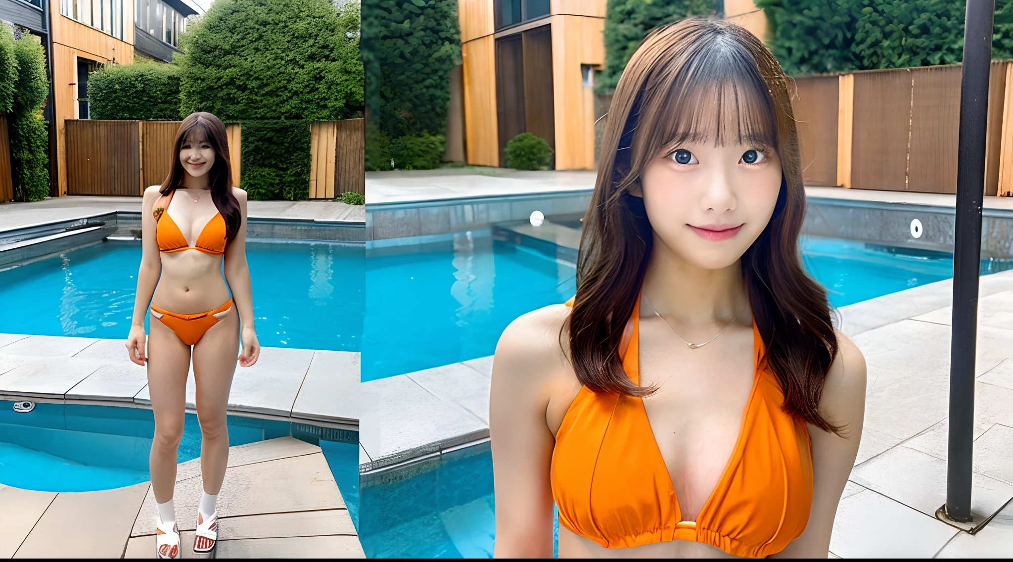 (top-quality、8k、32k、​masterpiece、UHD:1.2、nsfw:1.3)、1girl in、beautiful japanese female、poolside、low angle full body shot、looking down、vulgarity、saliva trail、chubby、High ponytail、tiny micro bikini、nipples through、panties aside、pussy slip