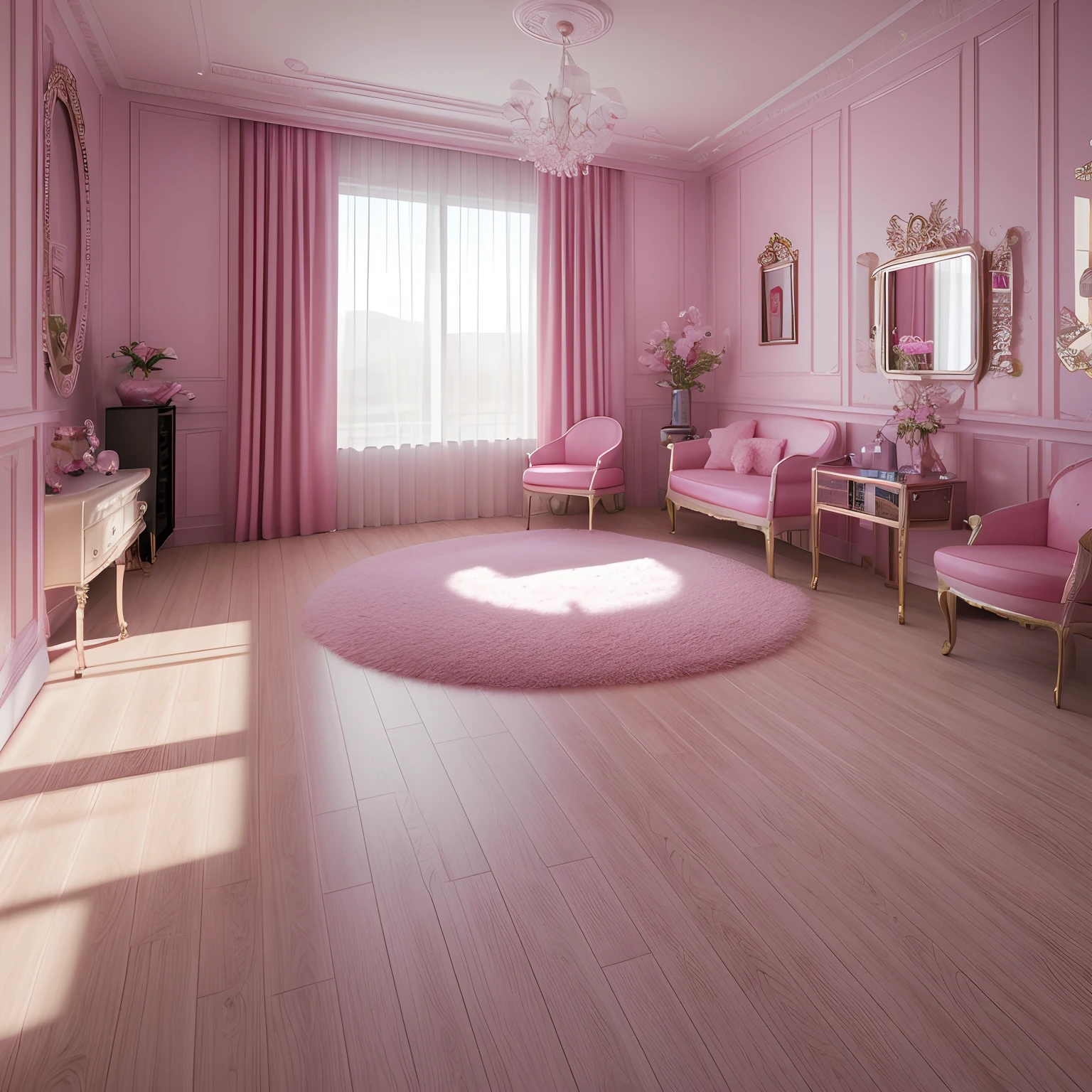 Interior salon hair.hello kitty, pink,extremely high quality, full hd 32k, realistic, surreal, 3d vray rendering, realistic(photo realistic :1,2),day light.