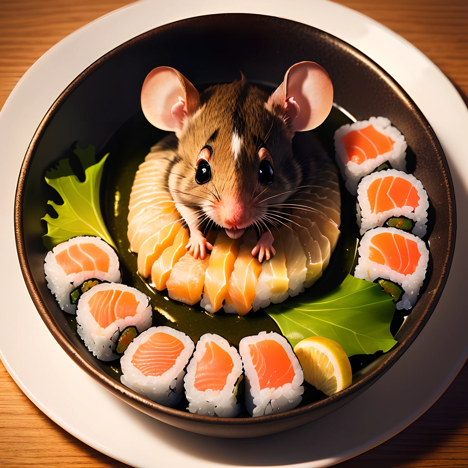 A mouse in despair surrounded by sushi