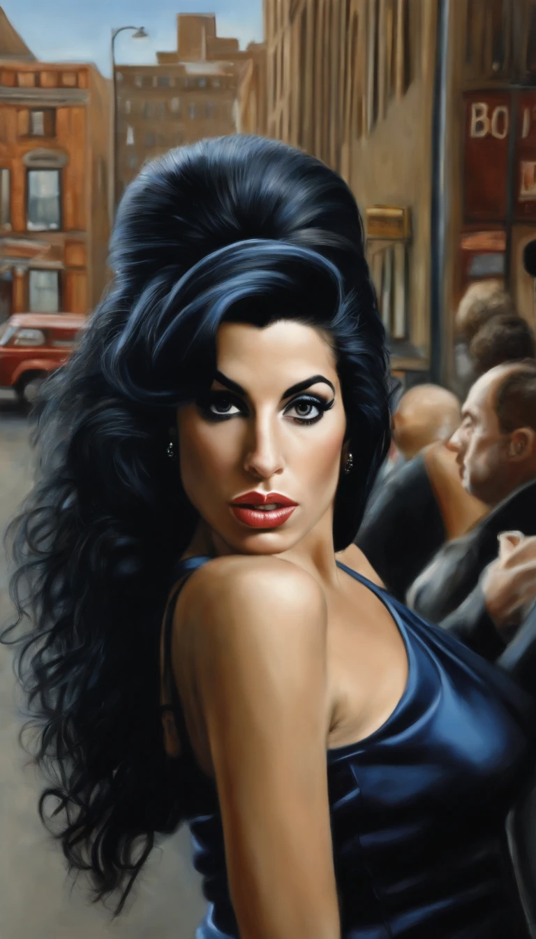"Artist Amy Winehouse, famous singer, in a hyper-realistic masterpiece of an image. The focus is sharp, featuring an award-winning close-up of her characteristic black hair. Amy Winehouse, wearing a tight blue outfit, is depicted on a bustling city sidewalk with highly detailed facial features, hands, and eyes. The image is in 8K Ultra HD and 4K, ensuring the highest quality and definition."