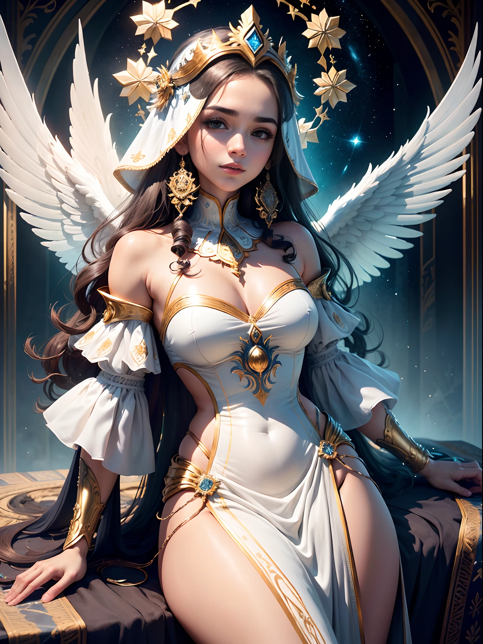 (Uma obra-prima impressionante com beleza divina), papel de parede CG 8k ultradetalhado de melhor qualidade, (striking facial features, Detailed hair and unique clothes), (armadura branca e dourada), (asas de anjo),  at a dynamic angle, cercado uvens majestosas ou elementos celestiais), em (glorious or ethereal illumination) e emoldurado por um (breathtaking background).