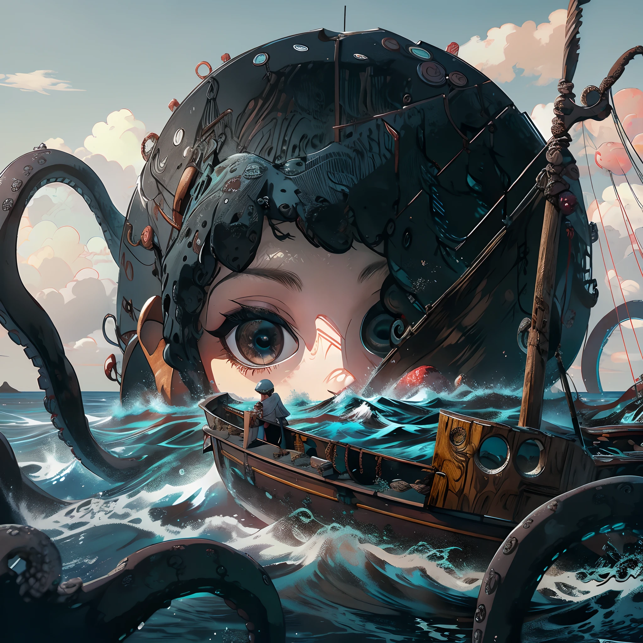 Kraken girl peeking out of the sea. She looks into the ship. Wooden boat. tentacles.