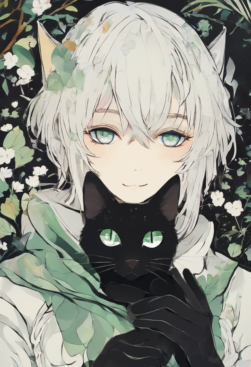 Portrait d'un chat noir aux yeux verts avec une capuche regardant la camera. manteau noir.