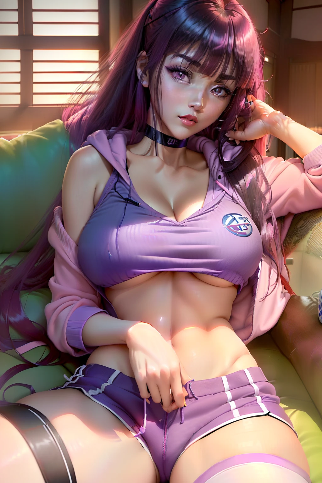 ((reclined on couch)) ((Hinata hyuga from naruto animated series)) ((beautiful face)) (red lipstick) ((big light pink eyes)) ((long darkhair straight hairstyle with bangs)) ((very huge breast)) (perfect slim body) ((wears light purple hoodie sweater and blue sweat shorts)) ((choker)) ((posing sexy inside asian house)) (high resolution dynamic lights and shadows) ((masterpiece)) (8k) (perfect face) (best quality) (perfect hands and eyes)