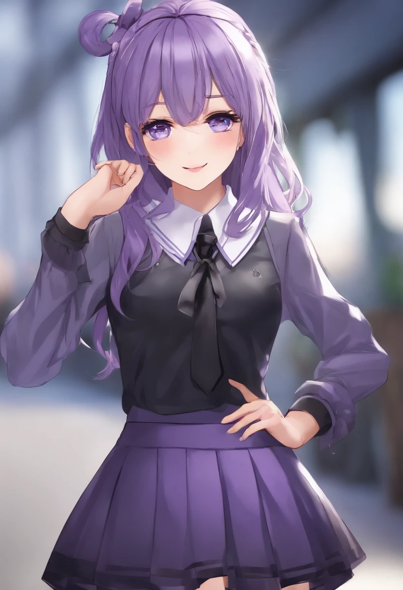 Pretty purple haired animal girl, wearing a gray skirt with black on either side of it, gray Japan school girl top with long loose sleeves with a big black collar, with a half gray half blue tie around the collar, black choker with a small gold button on the center, pretty purple eyes that fade down into light blue, not wearing a lot of makeup but still pretty, platform ballet flats, purple nails, cute pose, preppy, purple hair in wavy ponytail, purple ponytail draped over shoulder, purple long wavy bangs on either side with short purple bangs on forehead not covering eyes, side swept to the middle from both sides, with bangs on the forehead not covering eyes side swept to both sides of hair. Pretty girl, preppy, nice, friendly kind smile, anime, high quality, 4k, attractive, not a lot of makeup, cute, purple eyes with light blue at bottom, smile, j no ice, anime, preppy, school girl gray uniform, nice hands with five fingers only on each hand, small lips.