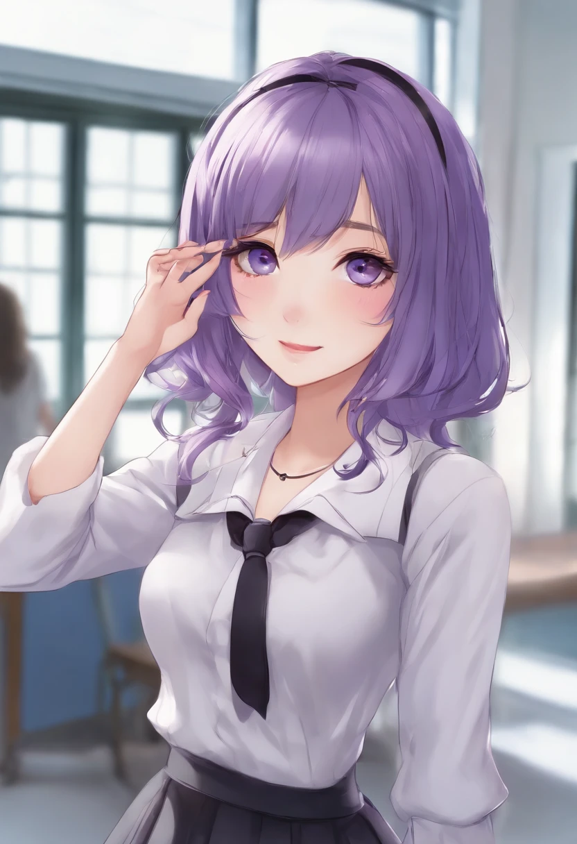 Pretty purple haired animal girl, wearing a gray skirt with black on either side of it, gray Japan school girl top with long loose sleeves with a big black collar, with a half gray half blue tie around the collar, black choker with a small gold button on the center, pretty purple eyes that fade down into light blue, not wearing a lot of makeup but still pretty, platform ballet flats, purple nails, cute pose, preppy, purple hair in wavy ponytail, purple ponytail draped over shoulder, purple long wavy bangs on either side with short purple bangs on forehead not covering eyes, side swept to the middle from both sides, with bangs on the forehead not covering eyes side swept to both sides of hair. Pretty girl, preppy, nice, friendly kind smile, anime, high quality, 4k, attractive, not a lot of makeup, cute, purple eyes with light blue at bottom, smile, j no ice, anime, preppy, school girl gray uniform, nice hands with five fingers only on each hand, small lips.