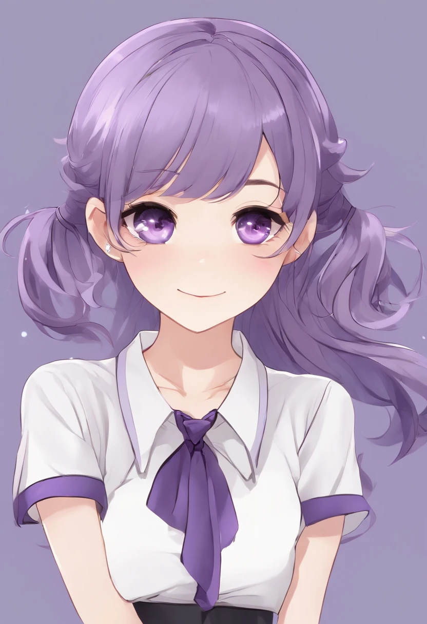 Pretty purple haired animal girl, wearing a gray skirt with black on either side of it, gray Japan school girl top with long loose sleeves with a big black collar, with a half gray half blue tie around the collar, black choker with a small gold button on the center, pretty purple eyes that fade down into light blue, not wearing a lot of makeup but still pretty, platform ballet flats, purple nails, cute pose, preppy, purple hair in wavy ponytail, purple ponytail draped over shoulder, purple long wavy bangs on either side with short purple bangs on forehead not covering eyes, side swept to the middle from both sides, with bangs on the forehead not covering eyes side swept to both sides of hair. Pretty girl, preppy, nice, friendly kind smile, anime, high quality, 4k, attractive, not a lot of makeup, cute, purple eyes with light blue at bottom, smile, j no ice, anime, preppy, school girl gray uniform, nice hands with five fingers only on each hand, small lips.