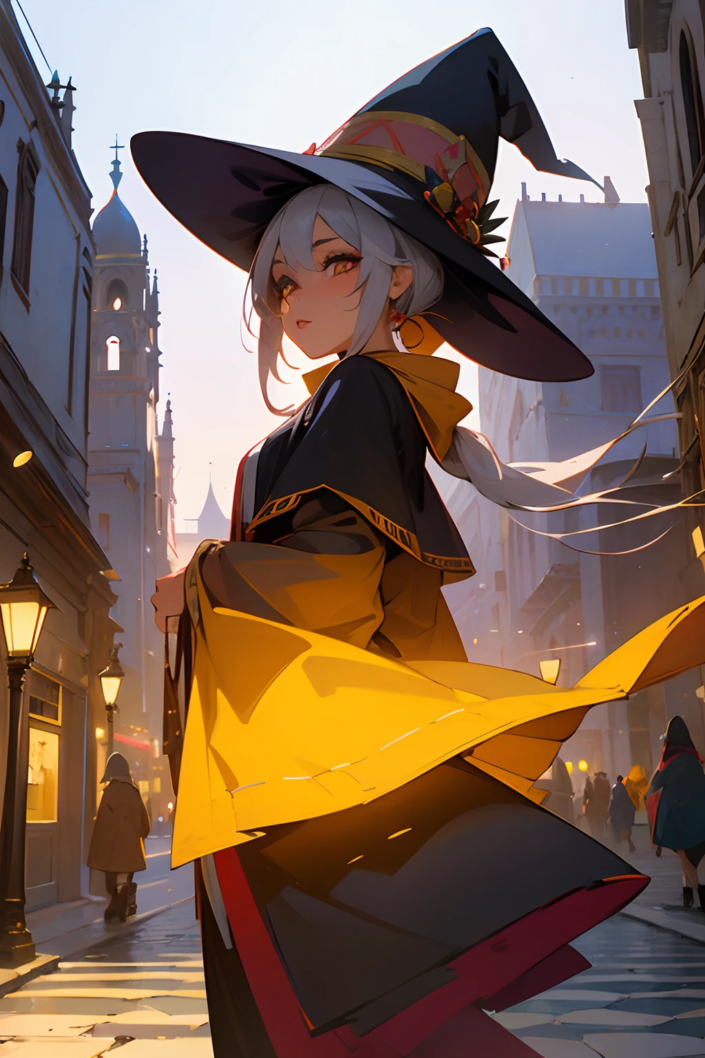 chica anime,witch costume,pointy hat and robe,walking in the city of Arequipa Peru,beautiful detailed eyes,beautiful detailed lips,longeyelashes,urban scenery,colorful buildings,vibrant street life,ancient architecture,old churches, Andean culture,traditional clothing,animated perspective,nightfall atmosphere,city lights,bokeh