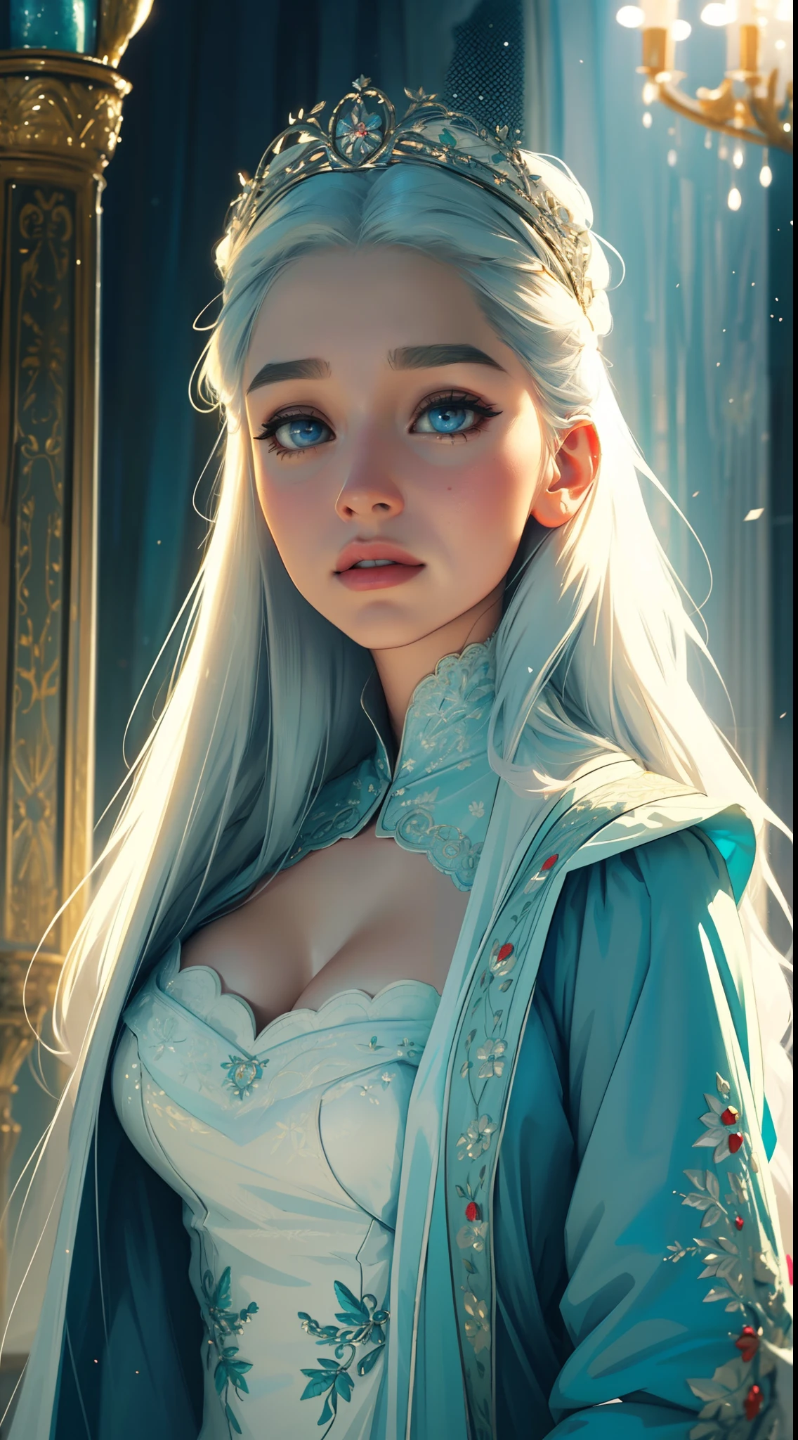 Russian Empire, neon, stunningly gorgeous portrait of a fabulous girl dressed in a pale silver-white simple silk dress of the 19th century with silver embroidery, face similar to Daenerys, long white hair, stunning blue eyes, large breasts, realistic face, intricate details, beautiful fantasy setting, "silver-blue-green floral embroidery, 8k, hd