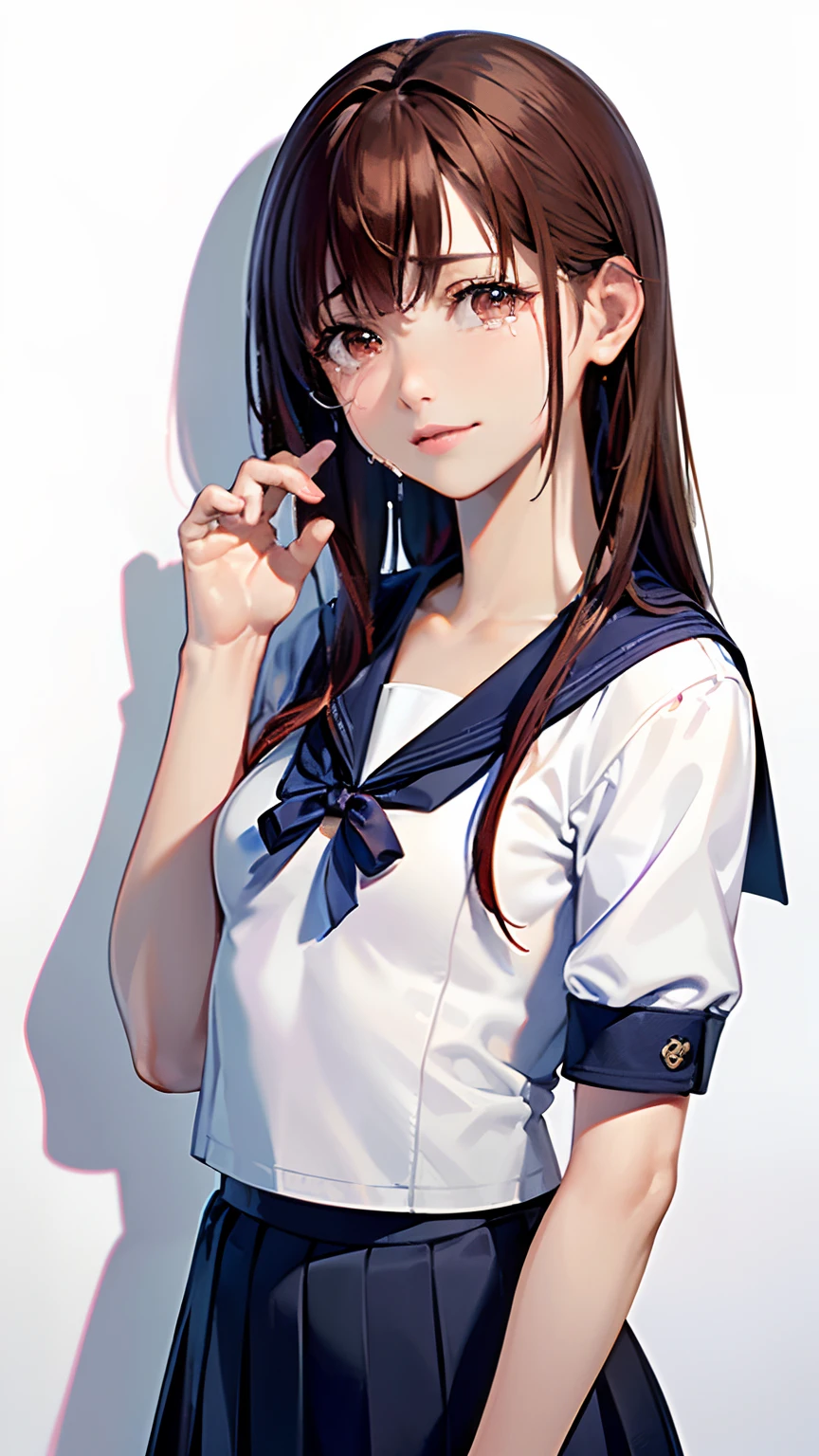 (top-quality, 8K, 32K, masterpiece, nffsw:1.2), (Raw photography), (realisitic), (Photorealsitic:1.2), (hight resolution), ultra-detailliert, extremely beautiful face and eyes, 1girl in, round small face, big breasts thin waist、(((tiny chest)))、(((White wall background)))、slim proportions, (student clothes, a sailor suit、White sailor suit, Dark blue pleated skirt:1.23), (bustshot)、(((Red hair)))、((Sailor suit with short sleeves))、(a closeup、top-quality、high detailing、rich skin detail、nffsw)、(Best Quality, 8K, masutepiece:1.2), Ultra-detailed, (Realistic, Photorealistic:1.37), (((FULL BODYSHOT)))、Vibrant colors, (((Point your index finger to the sky)))、(((Sexy atmosphere)))、(((a 20 yo woman)))、((Bust isDcups))、(((light brown hair)))、(((White background)))、(((cleavage of the breast)))、(((Girly Hairstyles)))、(((Long hair)))、(((In front of a white wall)))、(((light brown hair)))、(((Tears are flowing down my cheeks)))、(((I'm shrugging my shoulders)))、(((The girth of the chest is 85 cm)))、(((Small breasts)))、(((Crying)))