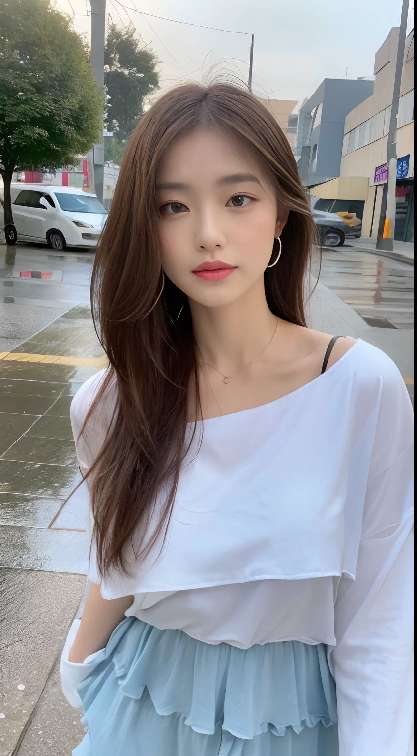 ((Best Quality, 8K, Masterpiece:1.3)), Focus: 1.2, Perfect Body Beauty: 1.4, Buttocks: 1.2, ((Layered Haircut, Breasts: 1.2)), (Wet Clothes: 1.1) , (Rain, Street:1.3), Bandeau Dress: 1.1, Highly Detailed Face and Skin Texture, Delicate Eyes, Double Eyelids, Whitened Skin, Long Hair
