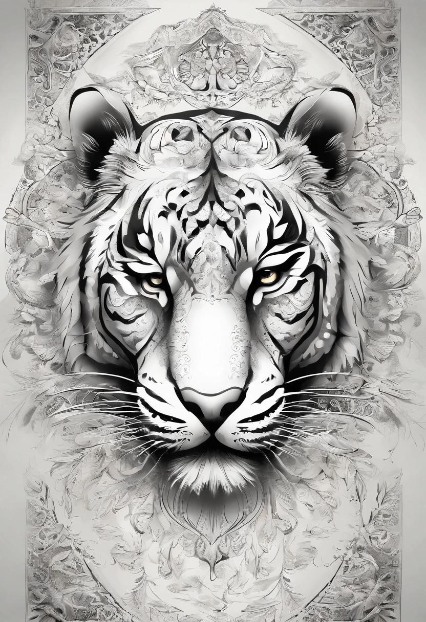 (White background:1.4),(Symmetrical:1.5),(Masterpiece giant python head, In the Middle, Oriental elements),（China – Chic illustration:1.2, Vector image:1.2),(Chinese color,Senior Color Matching),( Reasonable design, Clear lines, High Sharpness,Best Quality, Very detailed, masutepiece, offcial art, Movie Light Effects, 4K )a tiger