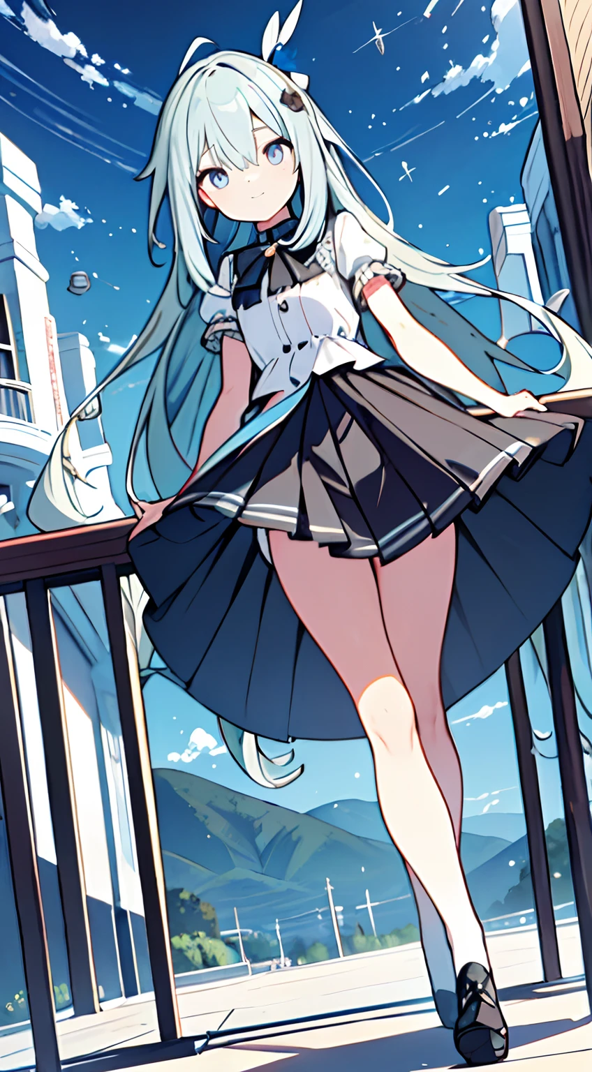 masuter piece, Best Quality,32K、Wallpaper, ultra -detail, Absurd beauty, 1beautiful girl、Big crisp eyes、Hair fluttering in the wind、Slender legs、Make your head smaller、miscievous smile、Angle looking up from below:1.3、♡♡♡、(Poses in motion)、thighs thighs thighs thighs、Angle