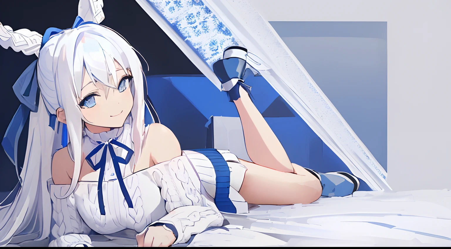 A young girl, two-dimensional, barefoot, bare belly, sweaty, blushing, poor chest, lying on a desk, one foot in white socks, tongue sticking out, clothes wet