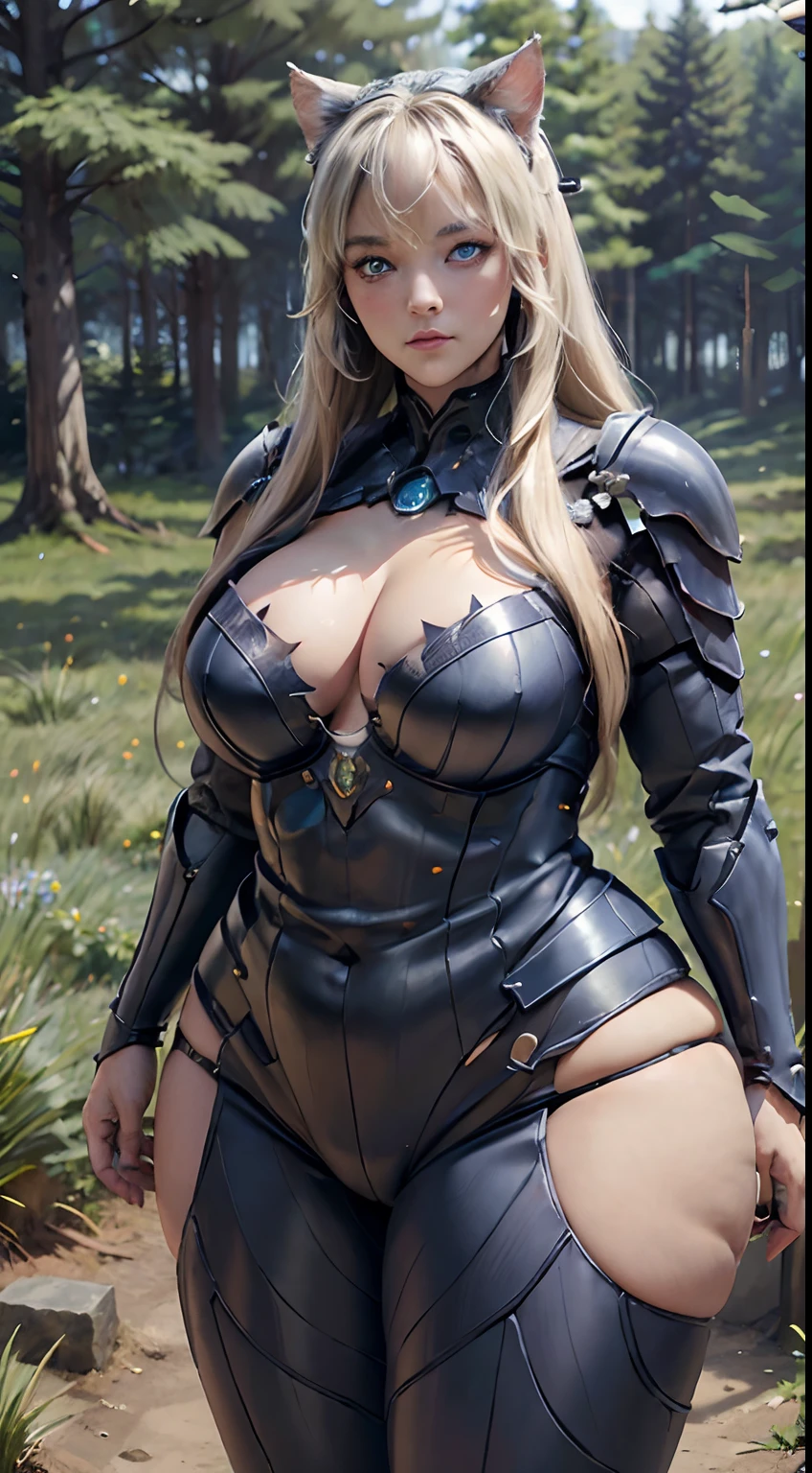 realisitic、realistic、Intricate details,Beautiful woman、Enchanting Goddess、mixed race、Intimidating, Dark Fantasy、Detailed Armor、Fat Woman、Cat's face from the neck up、Cat face、、Wearing armor、a blond、Blue eyes、Crisp double eyelids、big eye、Fat Woman、Thigh depth - grassy、Forest and grass background、Standing facing the front