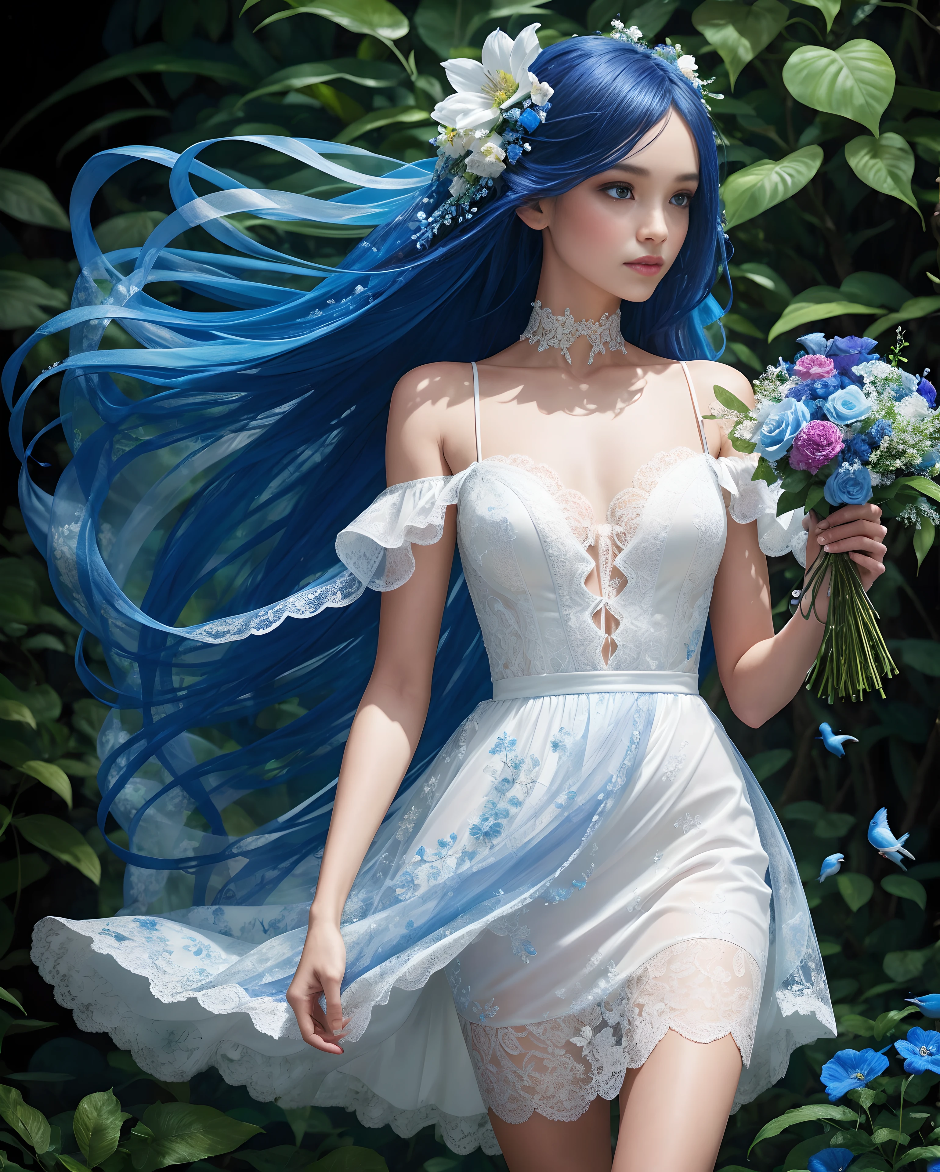 Fashion photo of blue human avatar, Entwined with flowers and blue ribbons, in a white lace dress, in the blue lush jungle with flowers and birds, 3d визуализация, ........CGI, symmetric, Octane Render, 35 mm, bokeh, 9:16, (Complicated details: 1.12), HDR, (Complicated details, hyper-detailing: 1.15), (Natural leather texture, hyper realisitc, soft light, sharpness: 1.2), Side shot.