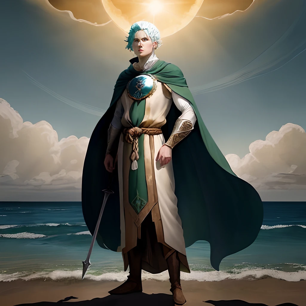 an ancient god of shadow, earth, and the sun and seas. has pale yellow skin and light ocean blue hair. dressed in brown and green, wearing a cape made of shadow. arthurian medieval full body illustration painting