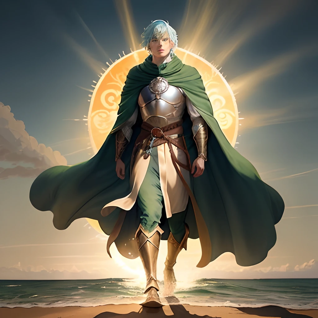 an ancient god of shadow, earth, and the sun and seas. has pale yellow skin and light ocean blue hair. dressed in brown and green, wearing a cape made of shadow. arthurian medieval full body illustration painting