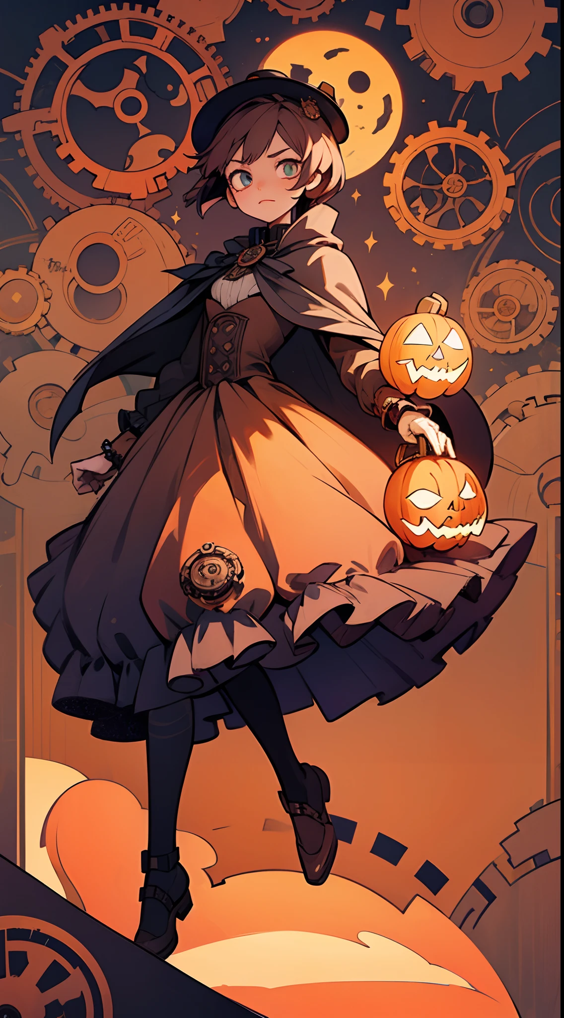 masterpiece、oblong、16k accurate depiction、16k accurate depiction、Smooth depiction、A world full of gears、Nice、psychedelic、The world of steampunk、Halloween worldview、Anime type tall beautiful girl、On the head、Wearing a Halloween pumpkin mask made by countless gears、Jack-o'-lantern in cloak and tuxedo、Bright々Beautiful eyes that sparkle、full body Esbian、Gear and watch ornaments、Wear a steampunk-inspired costume all over your body、Fairytale atmosphere、