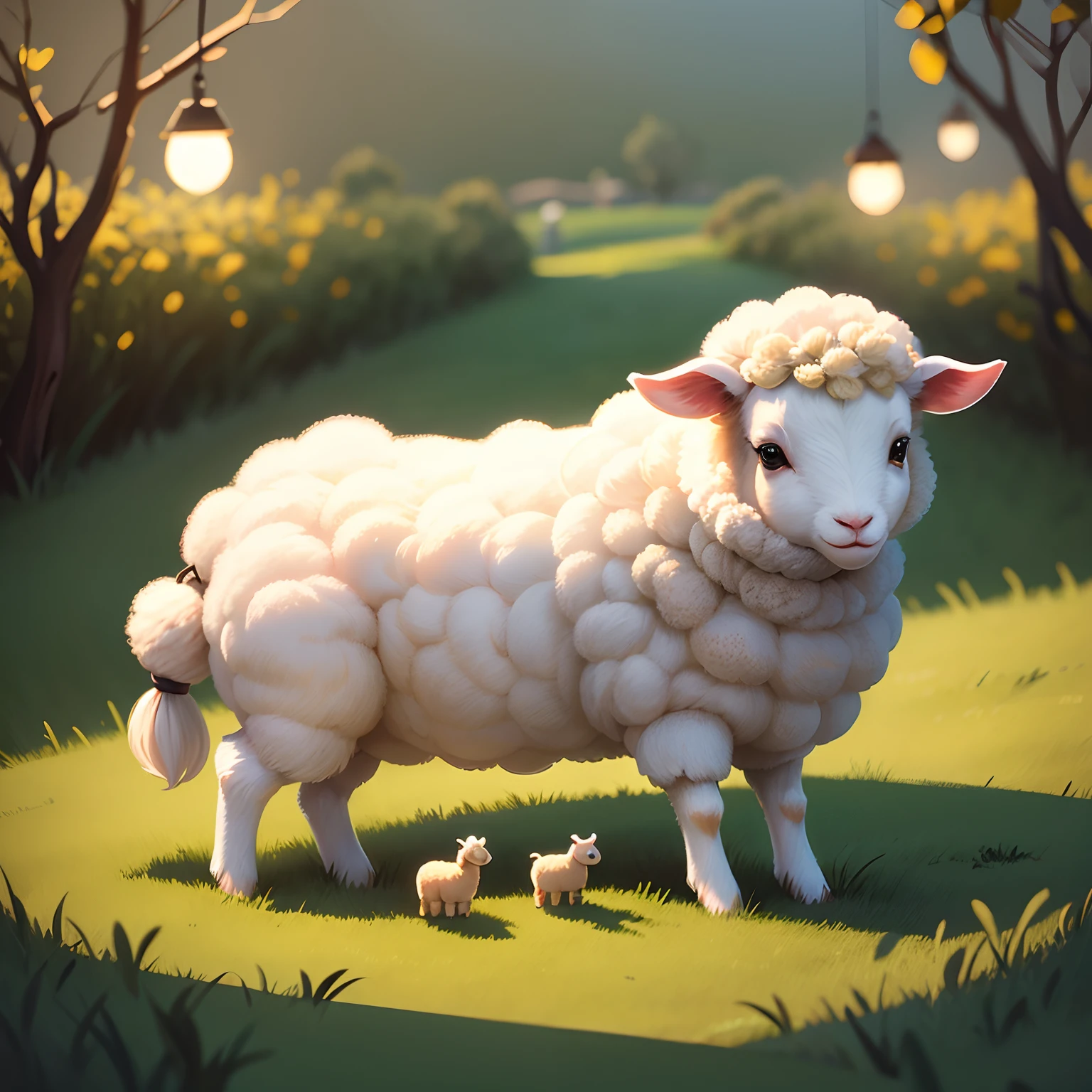 Illustration style,Cute lamb,Graze on grass,warm lights