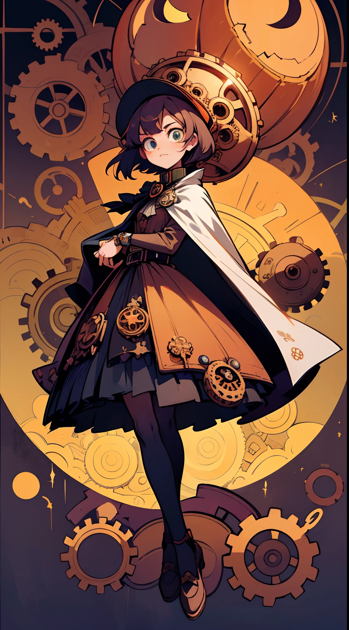masterpiece、oblong、16k accurate depiction、16k accurate depiction、Smooth depiction、A world full of gears、Nice、psychedelic、The world of steampunk、Halloween worldview、Anime type tall beautiful girl、On the head、Wearing a Halloween pumpkin mask made by countless gears、Jack-o'-lantern in cloak and tuxedo、Bright々Beautiful eyes that sparkle、full body Esbian、Gear and watch ornaments、Wear a steampunk-inspired costume all over your body、Fairytale atmosphere、