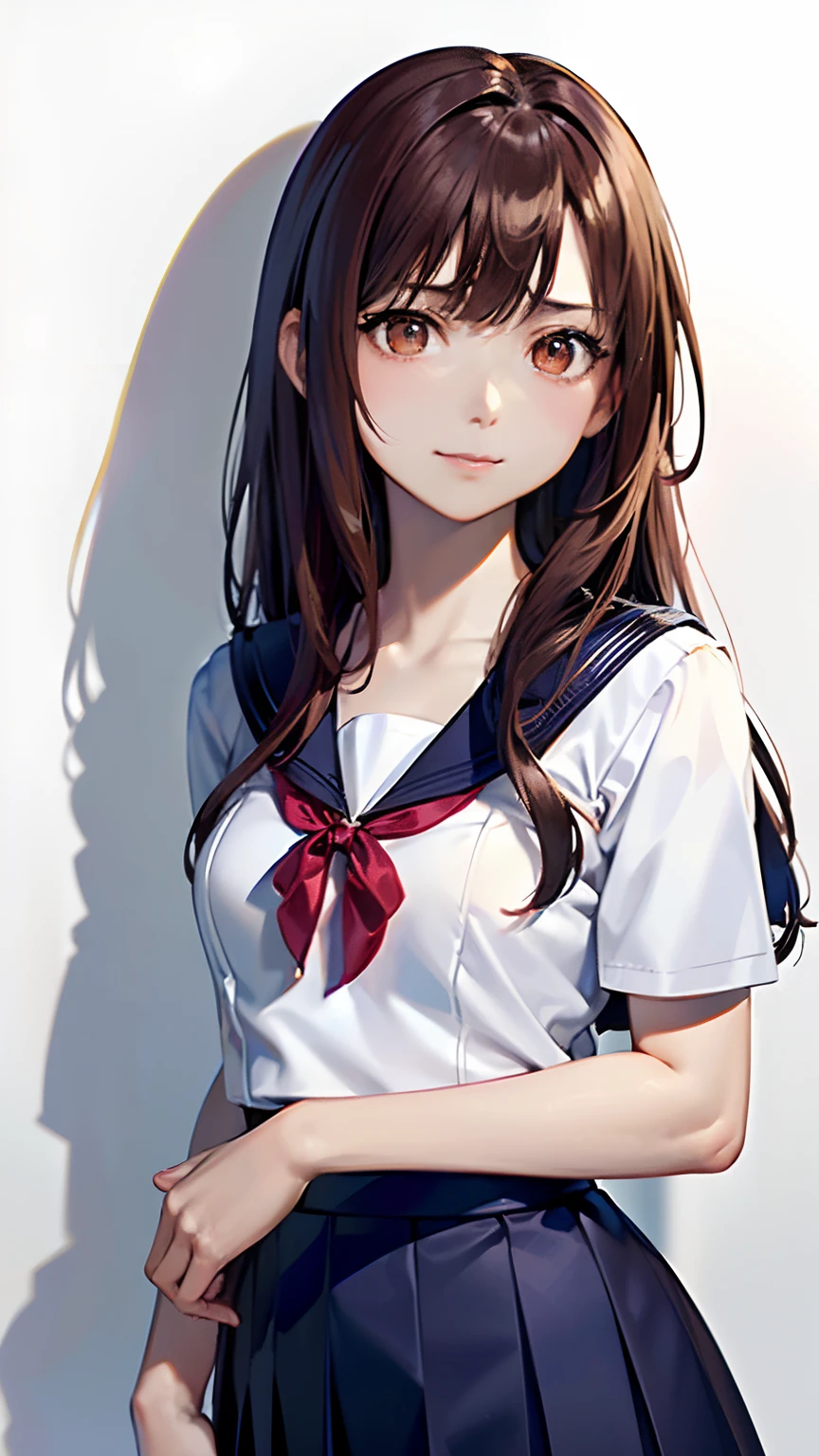 (top-quality, 8K, 32K, masterpiece, nffsw:1.2), (Raw photography), (realisitic), (Photorealsitic:1.2), (hight resolution), ultra-detailliert, extremely beautiful face and eyes, 1girl in, round small face, big breasts thin waist、(((tiny chest)))、(((White wall background)))、slim proportions, (student clothes, a sailor suit、White sailor suit, Dark blue pleated skirt:1.23), (bustshot)、(((Red hair)))、((Sailor suit with short sleeves))、(a closeup、top-quality、high detailing、rich skin detail、nffsw)、(Best Quality, 8K, masutepiece:1.2), Ultra-detailed, (Realistic, Photorealistic:1.37), (((FULL BODYSHOT)))、Vibrant colors, (((Point your index finger to the sky)))、(((Sexy atmosphere)))、(((a 20 yo woman)))、((Bust isDcups))、(((light brown hair)))、(((White background)))、(((cleavage of the breast)))、(((Girly Hairstyles)))、(((Long hair)))、(((In front of a white wall)))、(((light brown hair)))、(((I'm scared)))、(((I'm shrugging my shoulders)))、(((The girth of the chest is 85 cm)))、(((Small breasts)))、(((He has a frightened look on his face)))