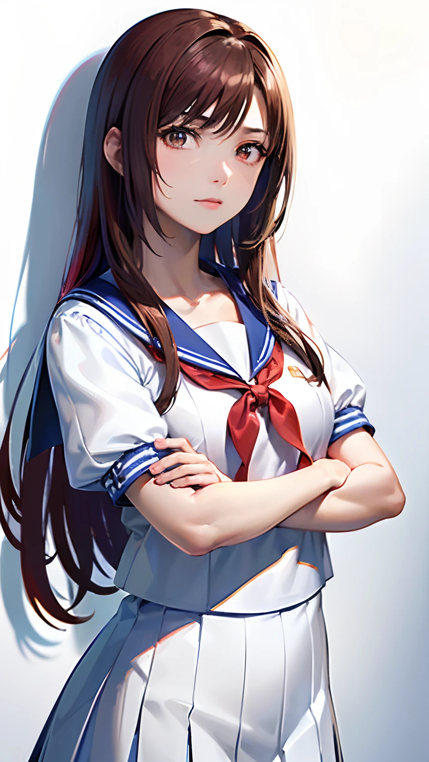 (top-quality, 8K, 32K, masterpiece, nffsw:1.2), (Raw photography), (realisitic), (Photorealsitic:1.2), (hight resolution), ultra-detailliert, extremely beautiful face and eyes, 1girl in, round small face, big breasts thin waist、(((tiny chest)))、(((White wall background)))、slim proportions, (student clothes, a sailor suit、White sailor suit, Dark blue pleated skirt:1.23), (bustshot)、(((Red hair)))、((Sailor suit with short sleeves))、(a closeup、top-quality、high detailing、rich skin detail、nffsw)、(Best Quality, 8K, masutepiece:1.2), Ultra-detailed, (Realistic, Photorealistic:1.37), (((FULL BODYSHOT)))、Vibrant colors, (((Point your index finger to the sky)))、(((Sexy atmosphere)))、(((a 20 yo woman)))、((Bust isDcups))、(((light brown hair)))、(((White background)))、(((cleavage of the breast)))、(((Girly Hairstyles)))、(((Long hair)))、(((In front of a white wall)))、(((light brown hair)))、(((pissed off)))、(((Arms crossed in front of the chest)))、(((The girth of the chest is 85 cm)))、(((Small breasts)))、(((It is a glittering expression)))