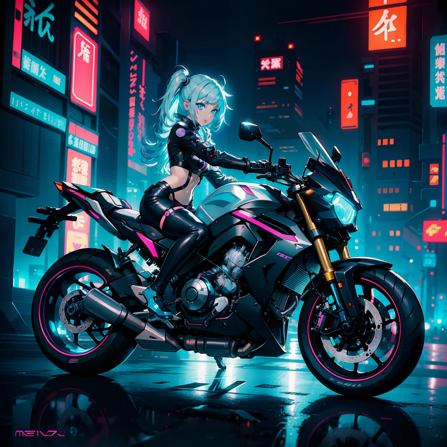 Futuristic city motorcycle anime girl with neon lights, Digital Art of Cyberpunk Anime, Cyberpunk Anime Girl, cyberpunk anime art, cyberpunk art style, cyberpunk anime art, female cyberpunk anime girl, Cyberpunk Girl Anime Mecha, digital cyberpunk - anime art, modern cyberpunk anime, cyber punk Girl, cyberpunk themed art, Cyberpunk Pretty Girl, anime cyberpunk, Sitting on a cyberpunk bike,metalic,neon color,Rin々Nice Lori、silber hair,Nice Buddy,Blue Neon Eyes,silber hair