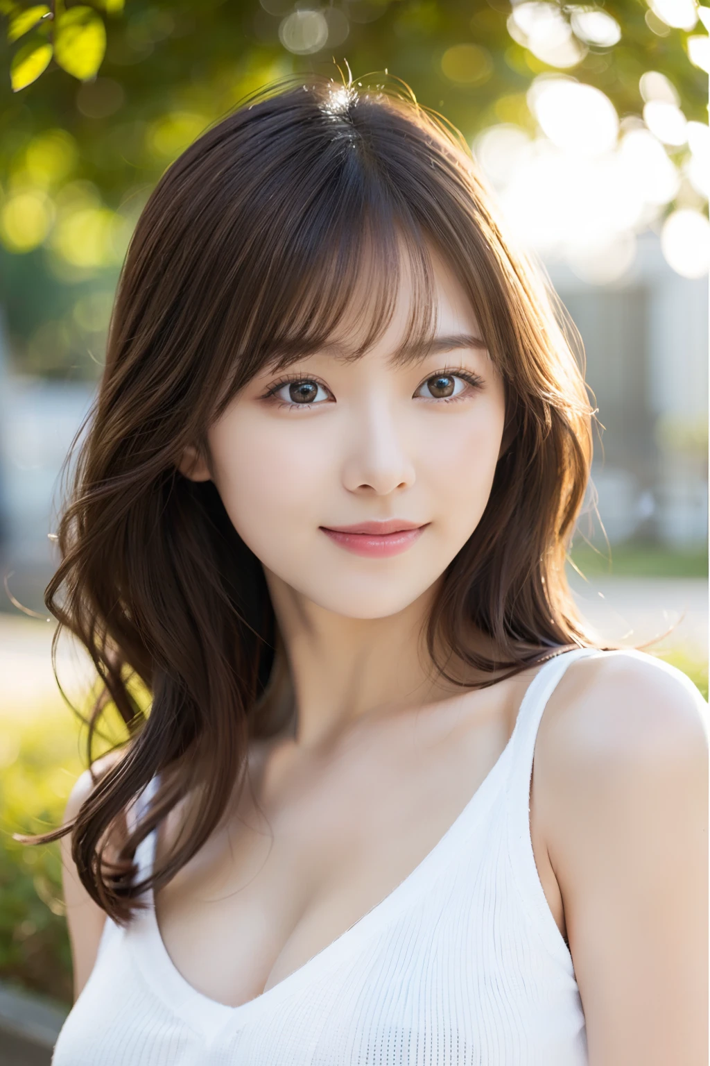 (1girll:1.2),(8K, Best Quality, tmasterpiece), (Realistic, Photorealsitic:1.37), ultra - detailed, adolable, 独奏, Cute Japan Woman,brown haired,By bangs, Curly, Hair on the shoulders, beautiful and delicate eyes,The eyes tell the story of a smile,Moisturizes skin,V-neck white knit,Stimulating,so sexy,Bright sunshine、细致背景、