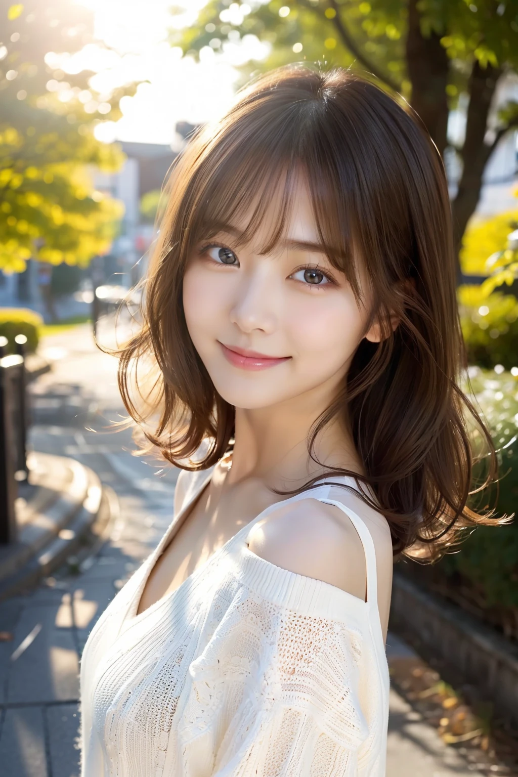 （1girll:1.2），(8K, Best Quality, tmasterpiece), (Realistic, Photorealsitic:1.37), ultra - detailed, adolable, 独奏, Cute Japan Woman,brown haired,By bangs, Curly, Hair on the shoulders, beautiful and delicate eyes,The eyes tell the story of a smile，Moisturizes skin,V-neck white knit，Stimulating，so sexy，Bright sunshine、细致背景、