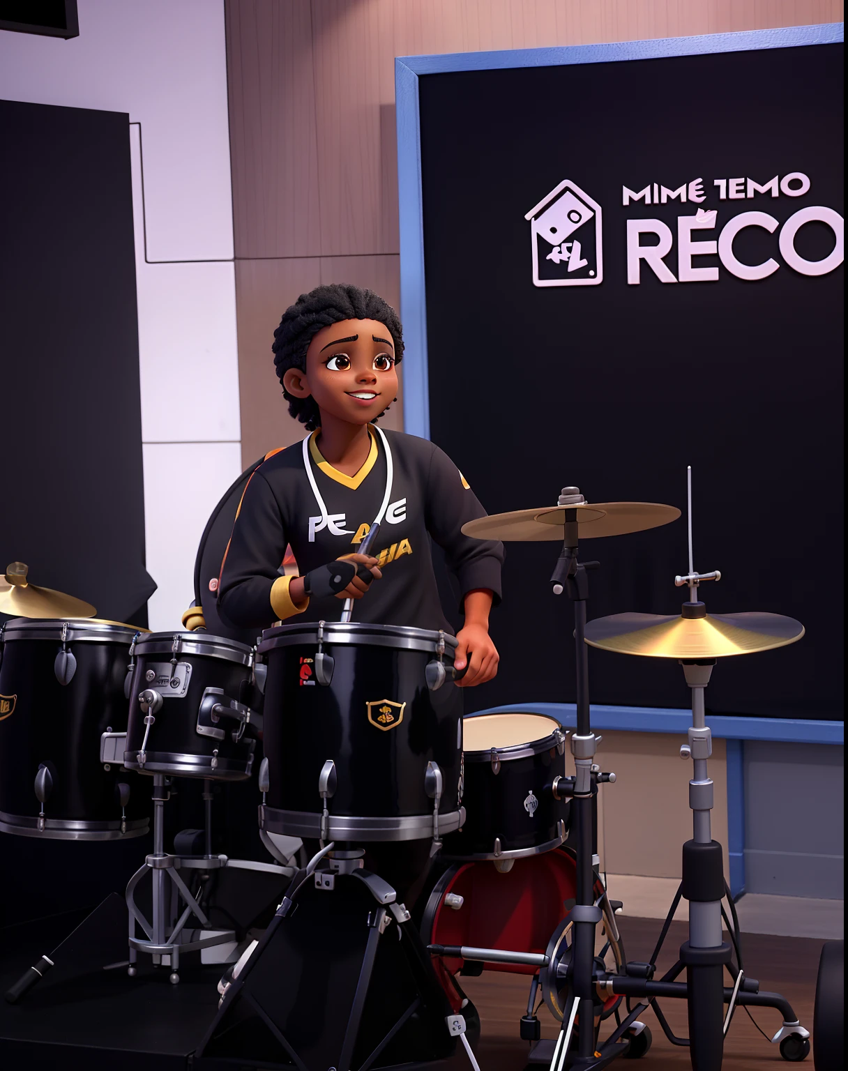 Um Jovem de pele preta, tocando bateria, cabelo preto crespo enrolado, de roupa preta, como capa da Disney como tema: Chimbal de Deus