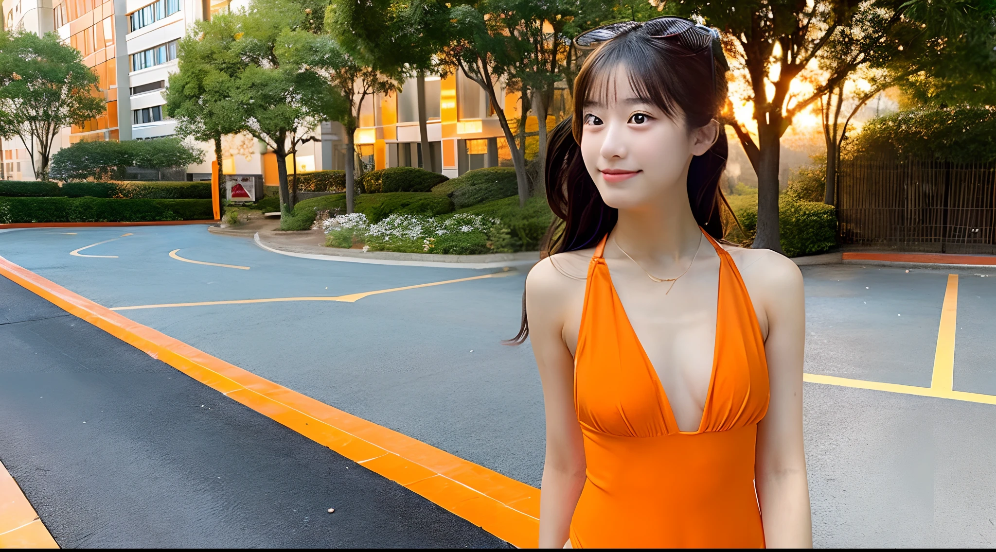18-year-old female college student in orange swimsuit