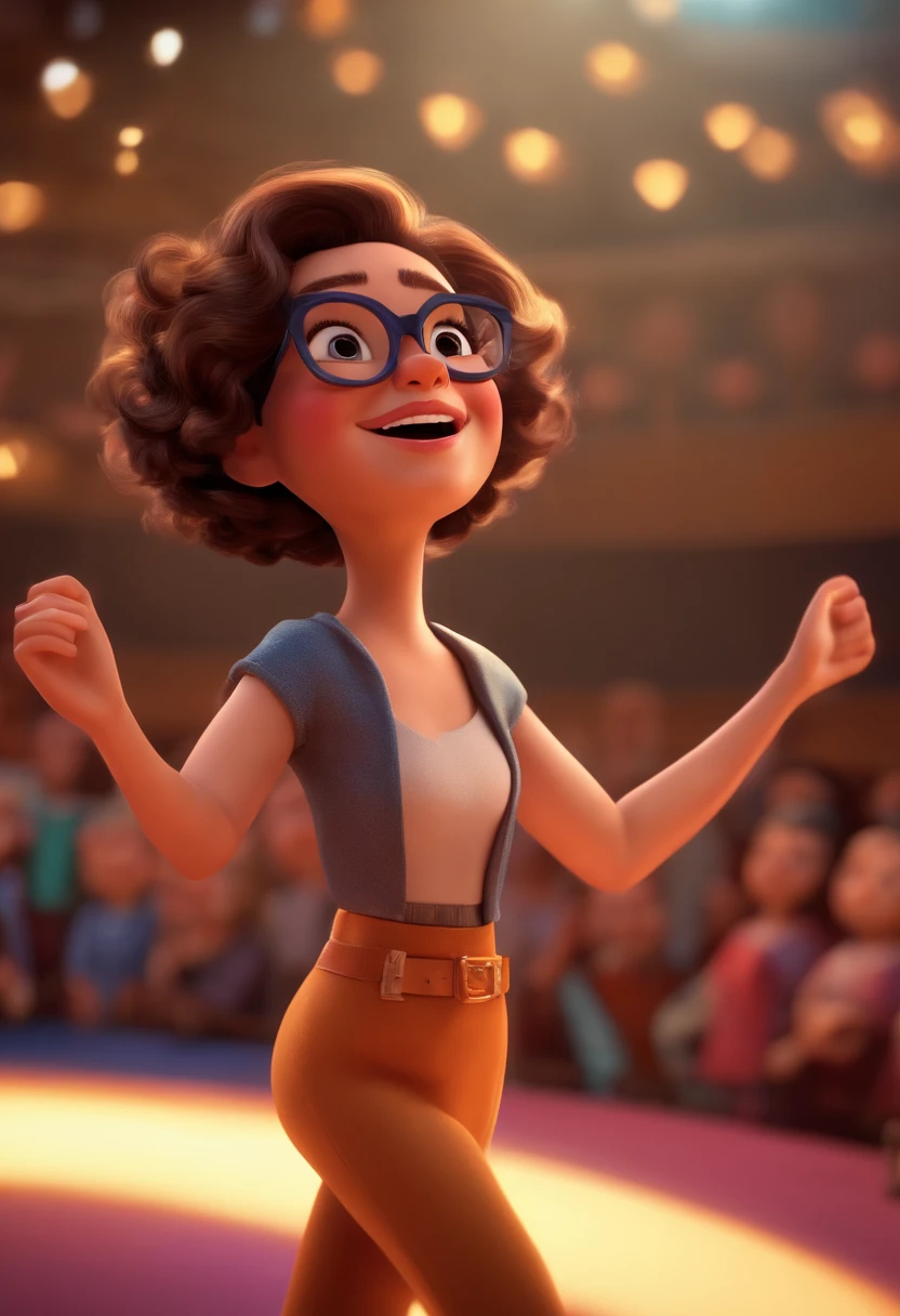 Magem Pixar Style with 3D Character Brunette Woman White Glasses Short Curly Hair Dancing on Stage Disney