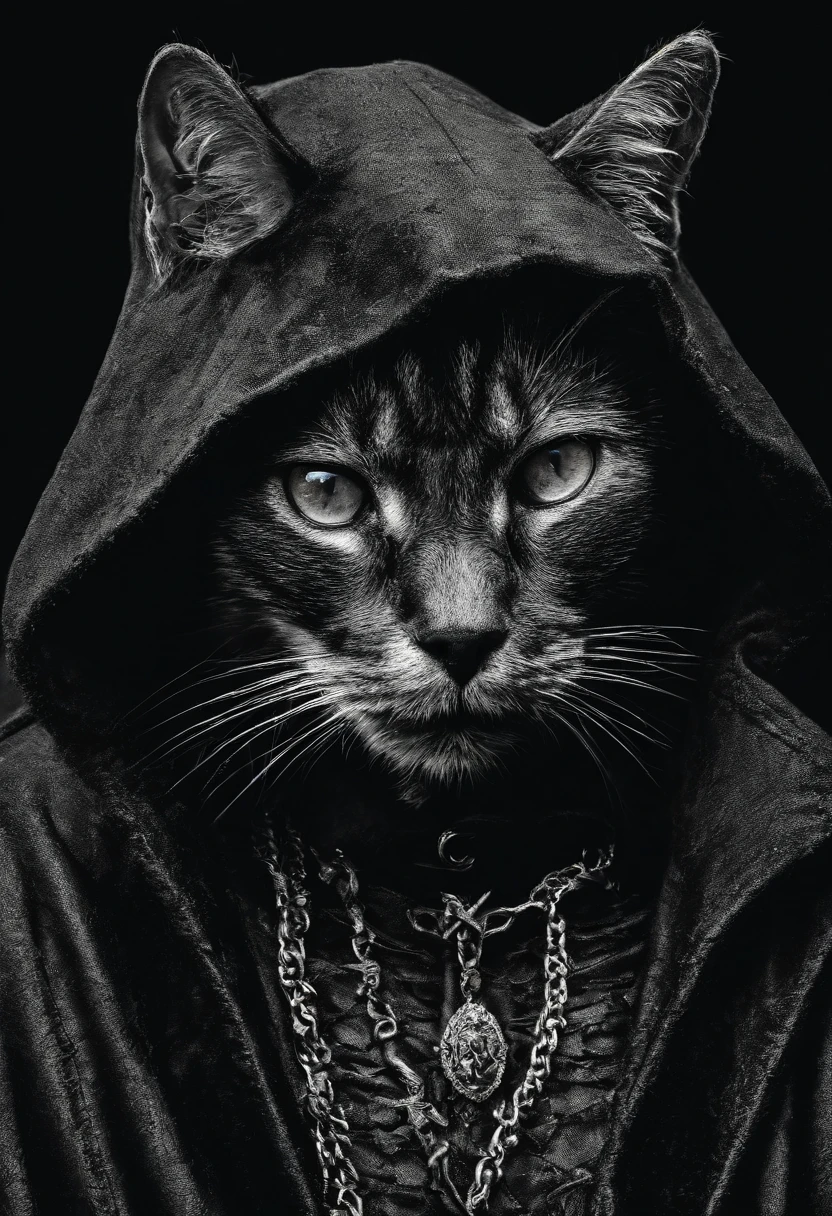 Portrait chat noir aux yeux verts avec une capuche regardant la camera. Manteau noir. disturbing. Sombre. fond noir.