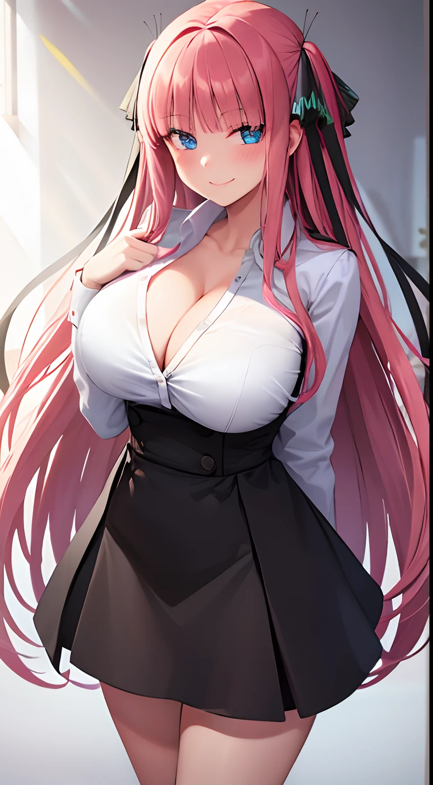 1 girl, long hair, very big breasts, sexy body, milf, smiling and blushing, wearing a school uniform that was unbuttoned and showing her cleavage, wearing a black skirt