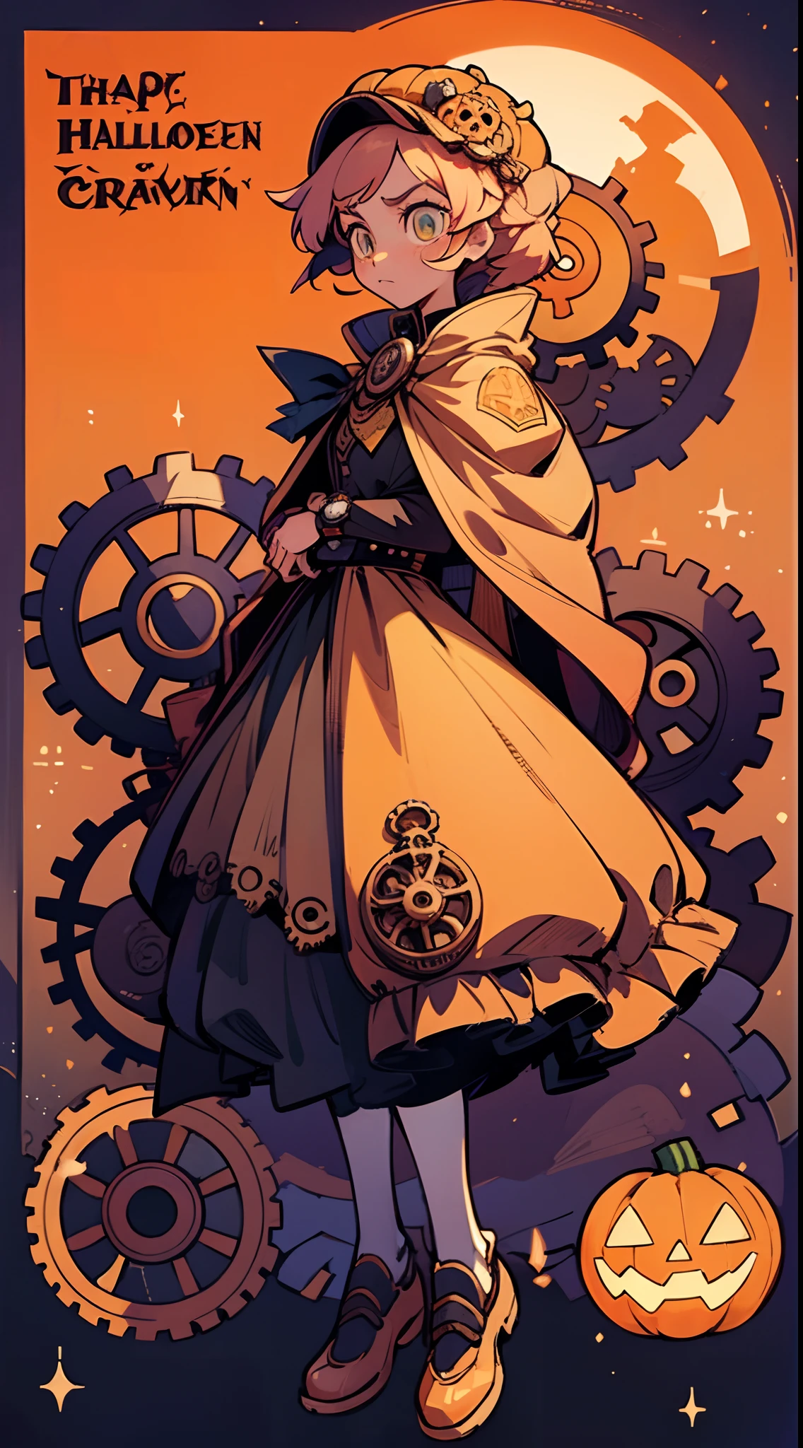 masterpiece、oblong、16k accurate depiction、16k accurate depiction、Smooth depiction、A world full of gears、Nice、psychedelic、The world of steampunk、Halloween worldview、Anime type tall beautiful girl、On the head、Wearing a Halloween pumpkin mask made by countless gears、Jack-o'-lantern in cloak and tuxedo、Bright々Beautiful eyes that sparkle、full body Esbian、Gear and watch ornaments、Wear a steampunk-inspired costume all over your body、Fairytale atmosphere、