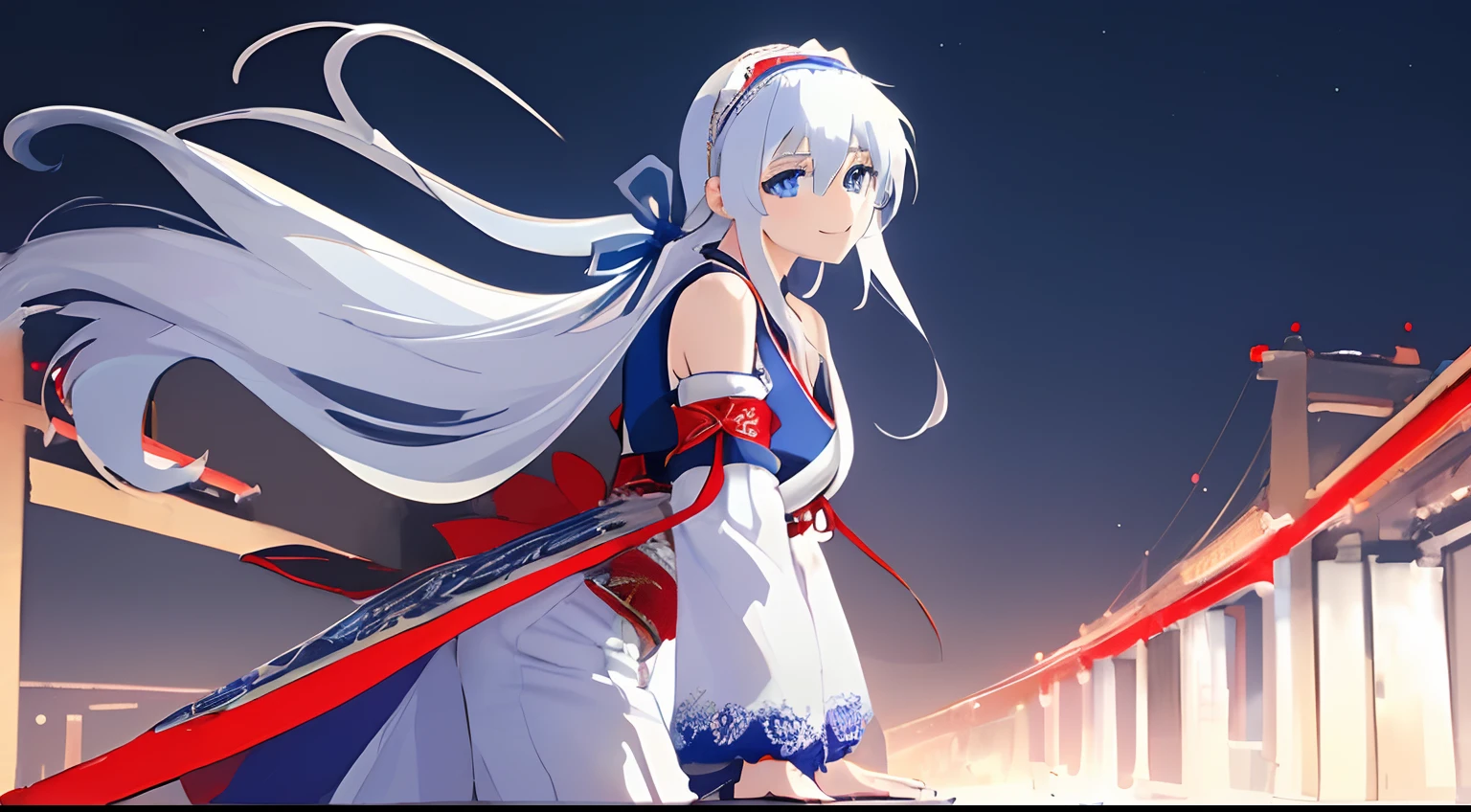 ((Masterpiece), (Best Quality)) (super detailed), ((((solo)))), fullbody, ((((white hair)))), long hair, ((((blue hairband)))), ((((blue eyes)))), happy, smile, 18 year old, dynamic angle, shoulder cut out, japanese sleeve, lace_tee, red ribbon, wide leg pants, in the tokyo, road, night