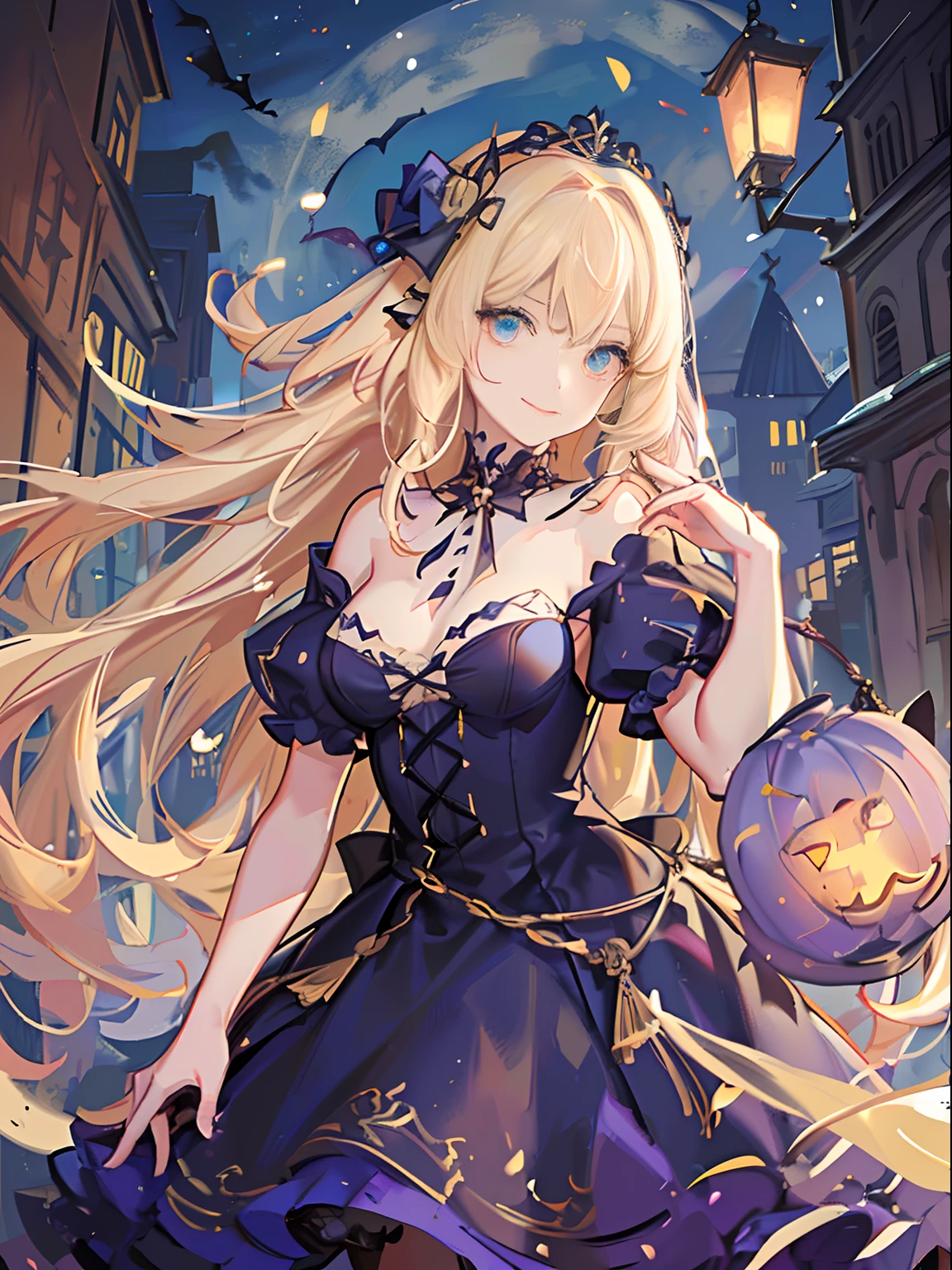 Jack-o'-lantern in hand, Medieval European cityscape on Halloween, Front-facing , Eyes are blue, Blonde smiling girl in pearl pink dress, Her long hair is fluttering in the wind, Transparent cloth dress shimmering in the light.
