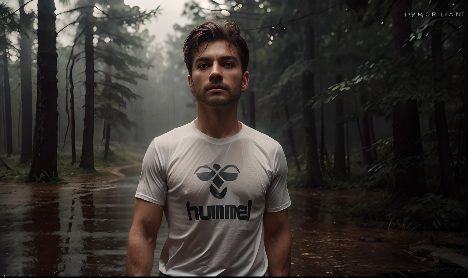 ultra detailed 8k cg, perfect face, insanely handsome face, mature male, armor, revealing clothes, spotlight, looking at viewer, hyperrealistic, masculine power, sassy look, elegant, forest background, rain, foggy, short  hair