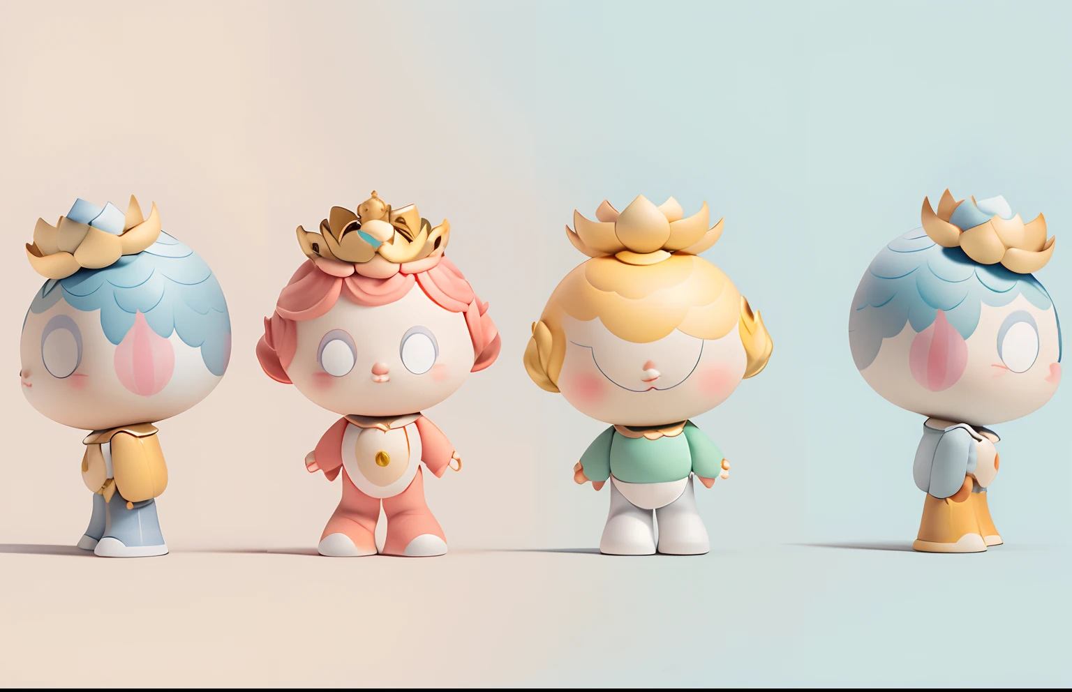 Line drawing of three little princesses with crowns on their heads, several character designs, stylized linework, Official illustration,  Line - Art, toy design, clean lineart and flat color, character  design，（Rich in color）