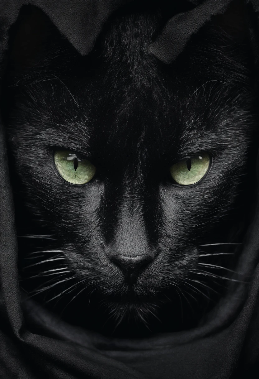 Portrait chat noir aux yeux verts avec une capuche regardant la camera. Manteau noir. disturbing. Sombre. fond noir. Regard mauvais.