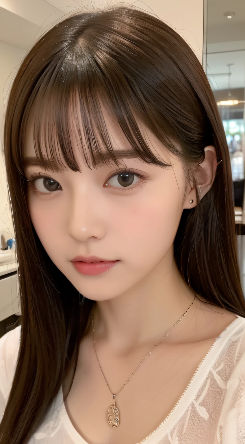 ((top-quality、8K、​masterpiece:1.5))、One girl、(Unhealthy face)、(Letter to)、Blunt bangs、(Lots of bangs:1.3)、(full body Esbian:1.4)、(Symmetrical face)、hyperdetailed face、Ultra detailed mouth、A detailed eye、Detailed ears、Slim Faces、(selfee:1.3)、(off shoulders)、(Armpit)、(Looking Up)、(From  above)、(Straight long hair、Ahoge:1.3)、(Upper Eyes)、the background is blurred、(Detailed white loose t-shirt:1.2)、denim pant、a necklace、(Detailed lace bra:1.05)、(Slouched:1.8)、lipgloss、(Beauty Salon)、(turning off lights)、