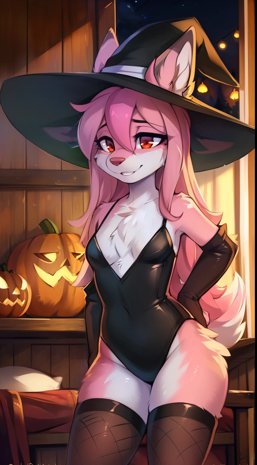 by kenket, Ross Tran, ruan jia, zaush, foxovh, by Zackary911, by hyattlen, by teranen, by fumiko, by Pixelsketcher, by Bayard Wu, by Thomas Benjamin Kennington, by Einshelm, by Kilinah, by Coffeesoda, by Hioshiru, by fluff-kevlar, by r-mk, by Dimwitdog, Furry, Nazuna_hiwatashi, Anthro, Female, Solo, Full Body, Mocking Look, bikini, (half-closed eyes), bedroom, Pink Hair, Pink Tail, (Black leotard, witch hat, Fishnet stockings, Fishnet gloves, largue boots, halloween, night, standing), (red eyes), looking at the viewer, medium breast, hips, thick thighs, leaning fordward, bent over
