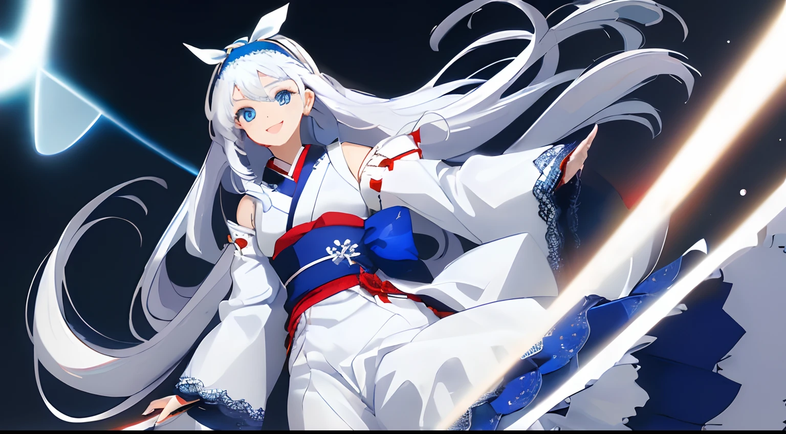 ((Masterpiece), (Best Quality)) (super detailed), ((((solo)))), fullbody, ((((white hair)))), long hair, ((((blue hairband)))), ((((blue eyes)))), happy, smile, 18 year old, dynamic angle, shoulder cut out, japanese sleeve, lace_tee, red ribbon, wide leg pants, in the tokyo, road, night