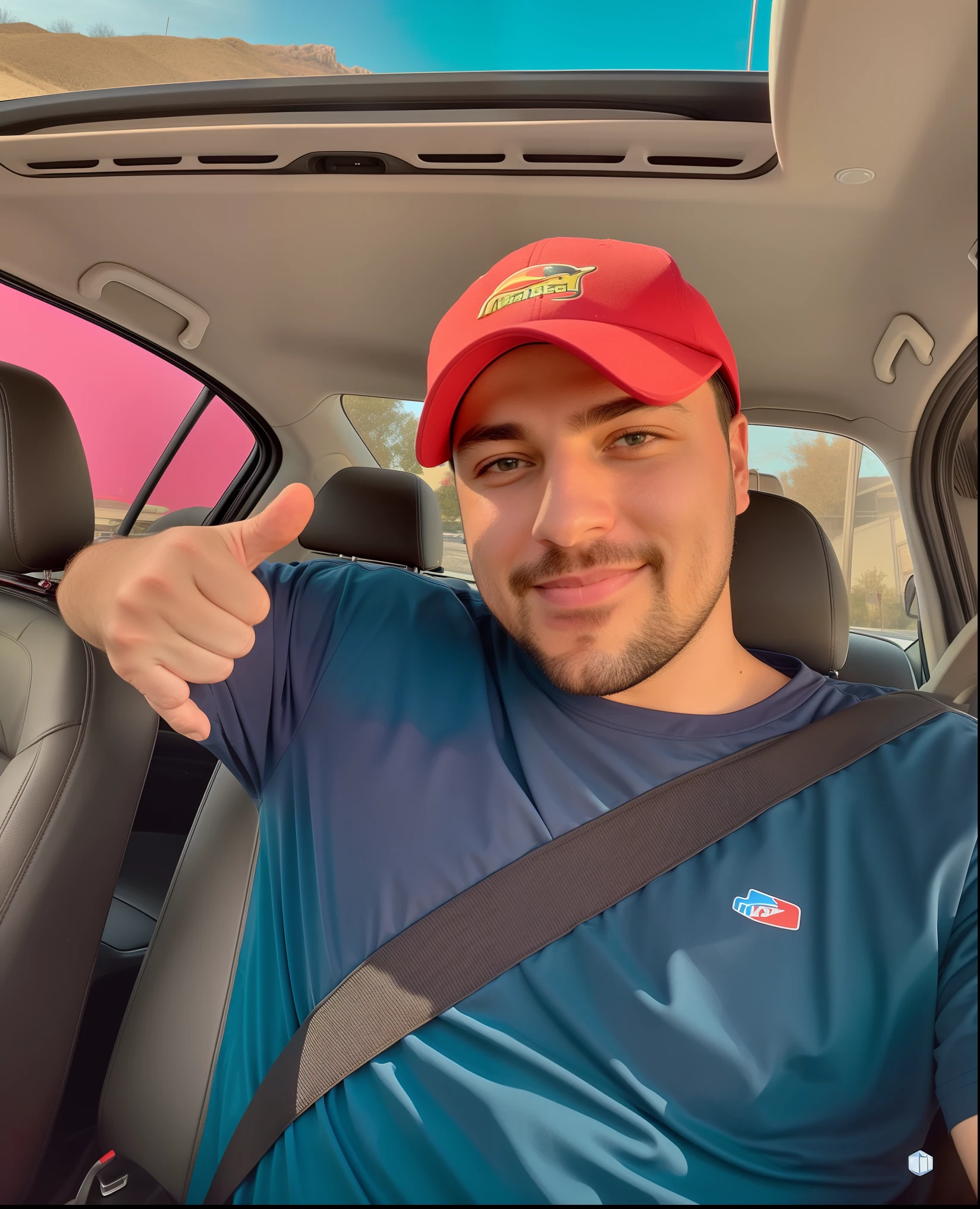 Arafed man in a car with a red hat giving a thumbs up, Streamer do Twitch / Jogador Ludwig, taken in the early 2020s, foto de perfil 1024px, Mrbeast, tiradas no final dos anos 2000, French Man, Luisiana, foto do snapchat, Sr. Fera, Brandon, no Taco Bell Drive Through